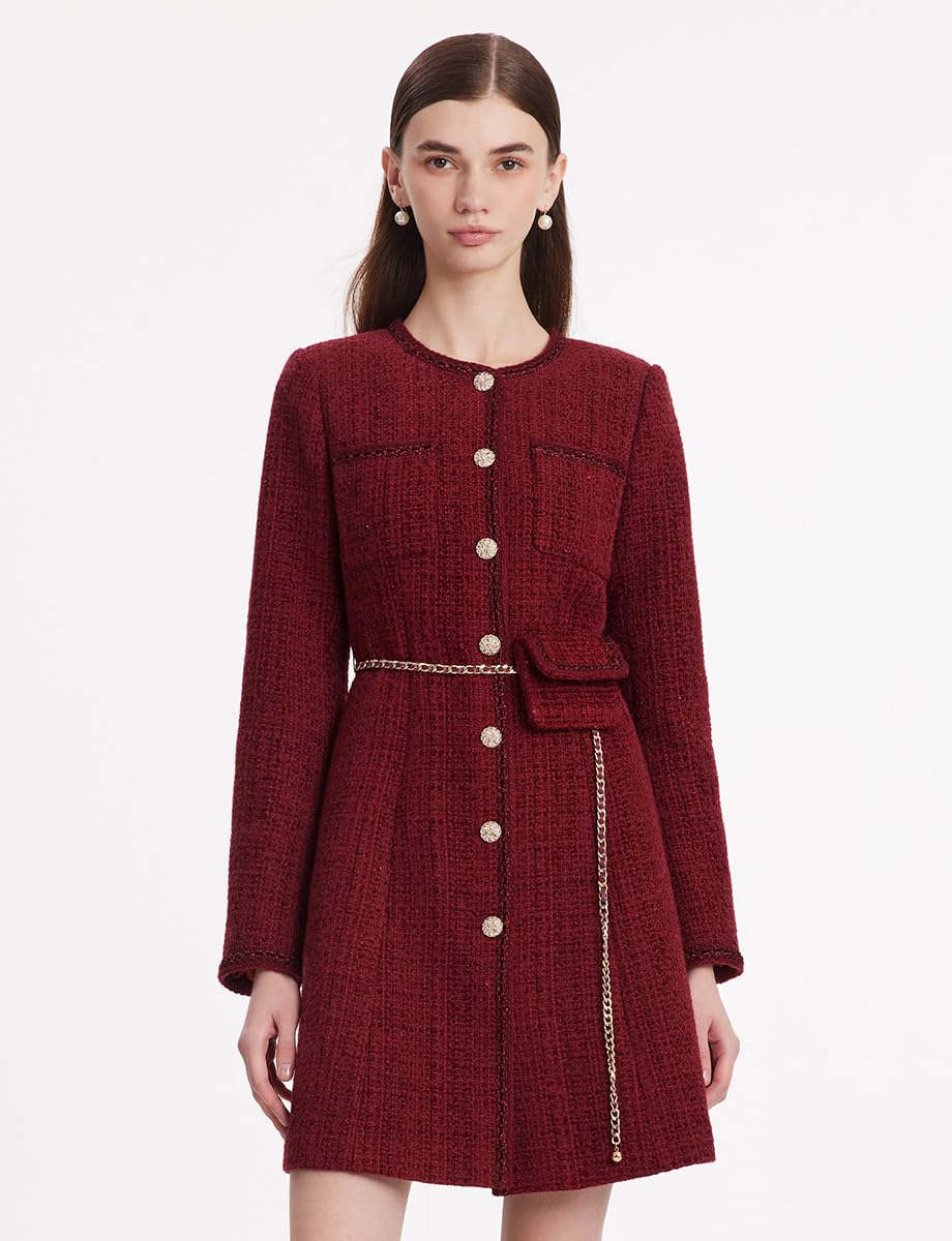 Elegant Women's Tweed Mini Dress with Long Sleeves & Metal Buttons | Formal Crewneck Button-Up Dress for Office, Cocktail Parties & Special Occasions
