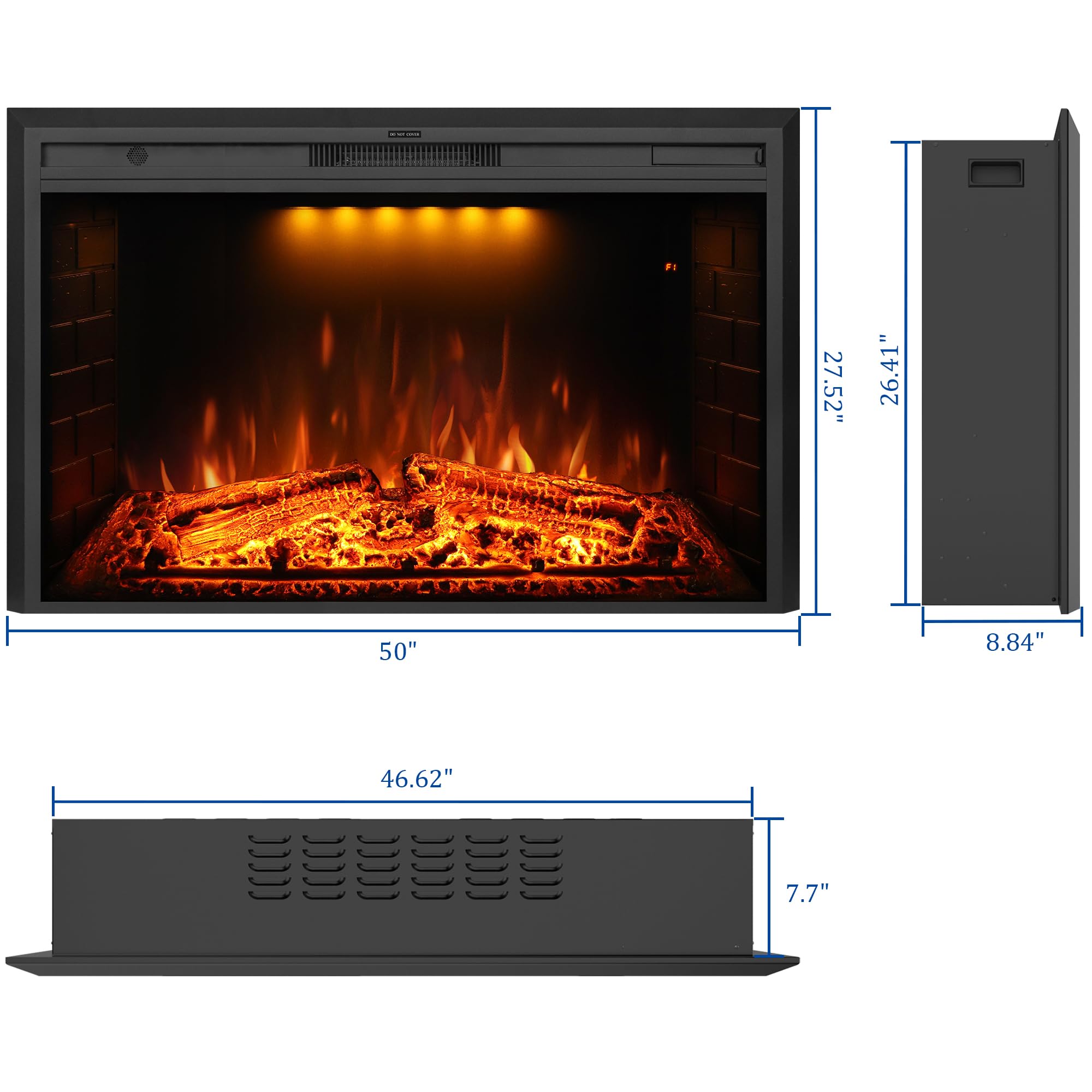 50 Inch Electric Fireplace with Remote Control - Realistic Log & Crackling Sound - 750W/1500W Wall Mounted Heater with Overheat Protection & Timer - Perfect for Living Room, Bedroom, and Office Warming