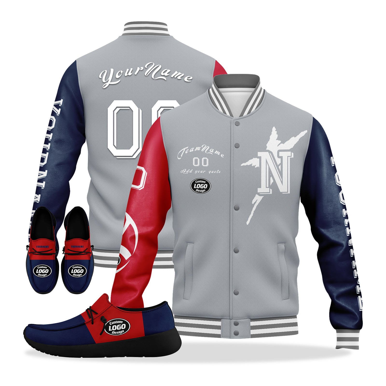 Custom Gray Red Blue New England Jacket & Sports Shoes Combo – Personalized Matching Outfit for Men | Gym, Running, Casual Wear | D020294-26