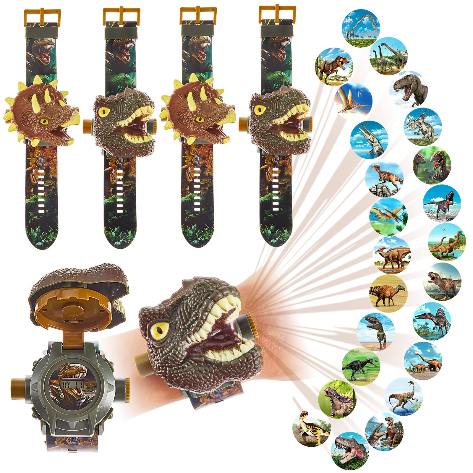 Dinosaur Projection Watch for Kids - 4 Pack LED Digital Watch with 24 Dino Patterns, Adjustable Date & Time - Fun Birthday & Christmas Gift for Boys Girls - Perfect for Parties, Classroom Rewards & Dinosaur Lovers