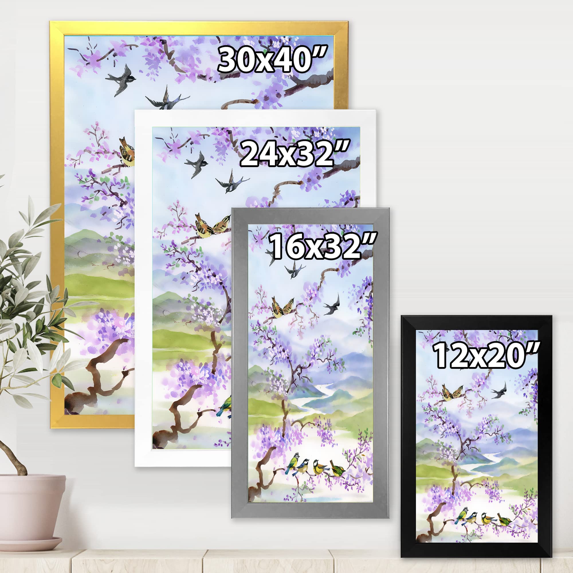 DesignQ Birds on Cherry Branch Traditional Framed Wall Art - Elegant Home Decor for Living Room, Bedroom & Office