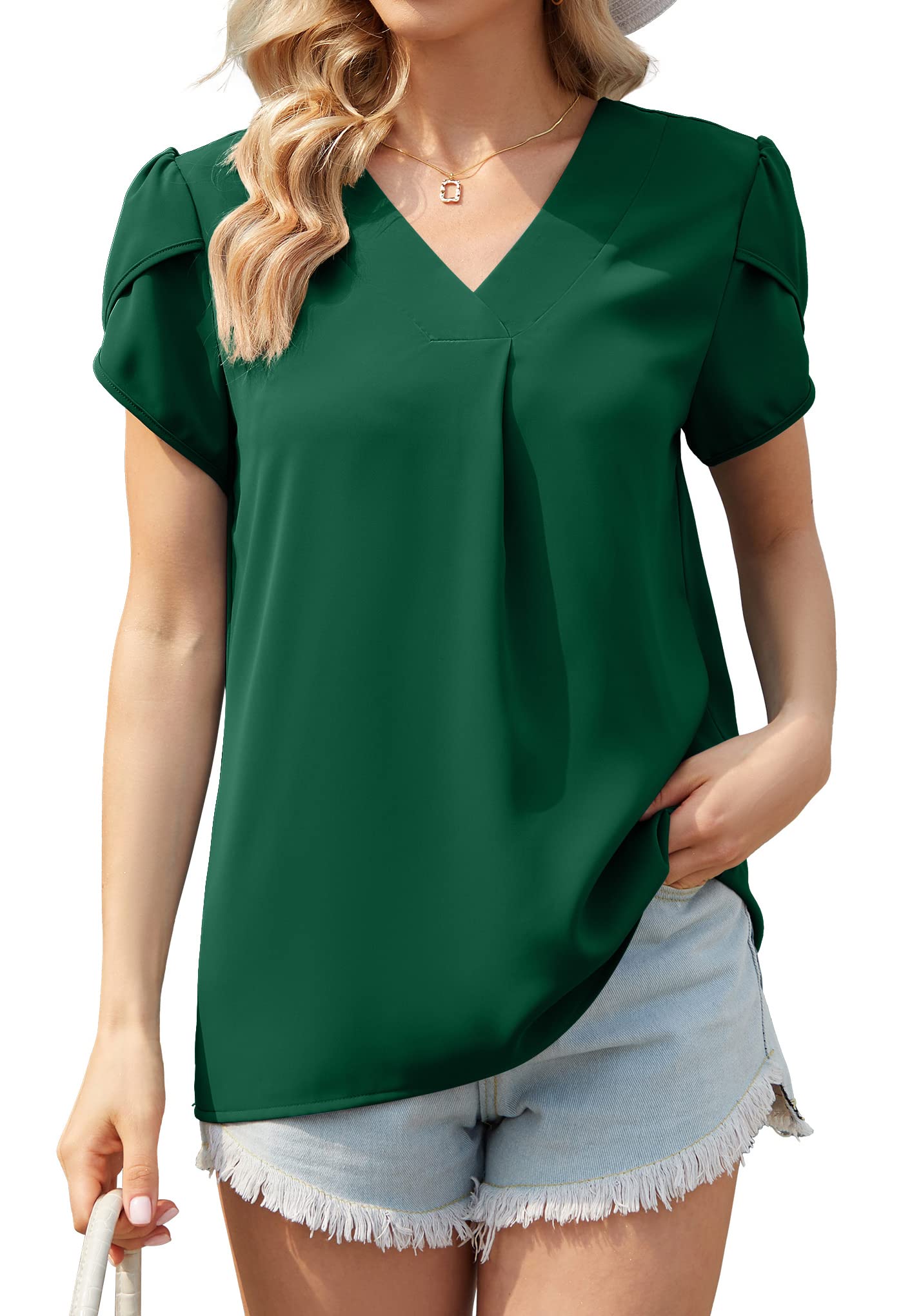 TASAMO Women's Short Sleeve Chiffon Blouse - Loose Fit V-Neck Top with Stylish Split Design | Summer Casual Shirt for Office, Date Night & Outdoor Activities