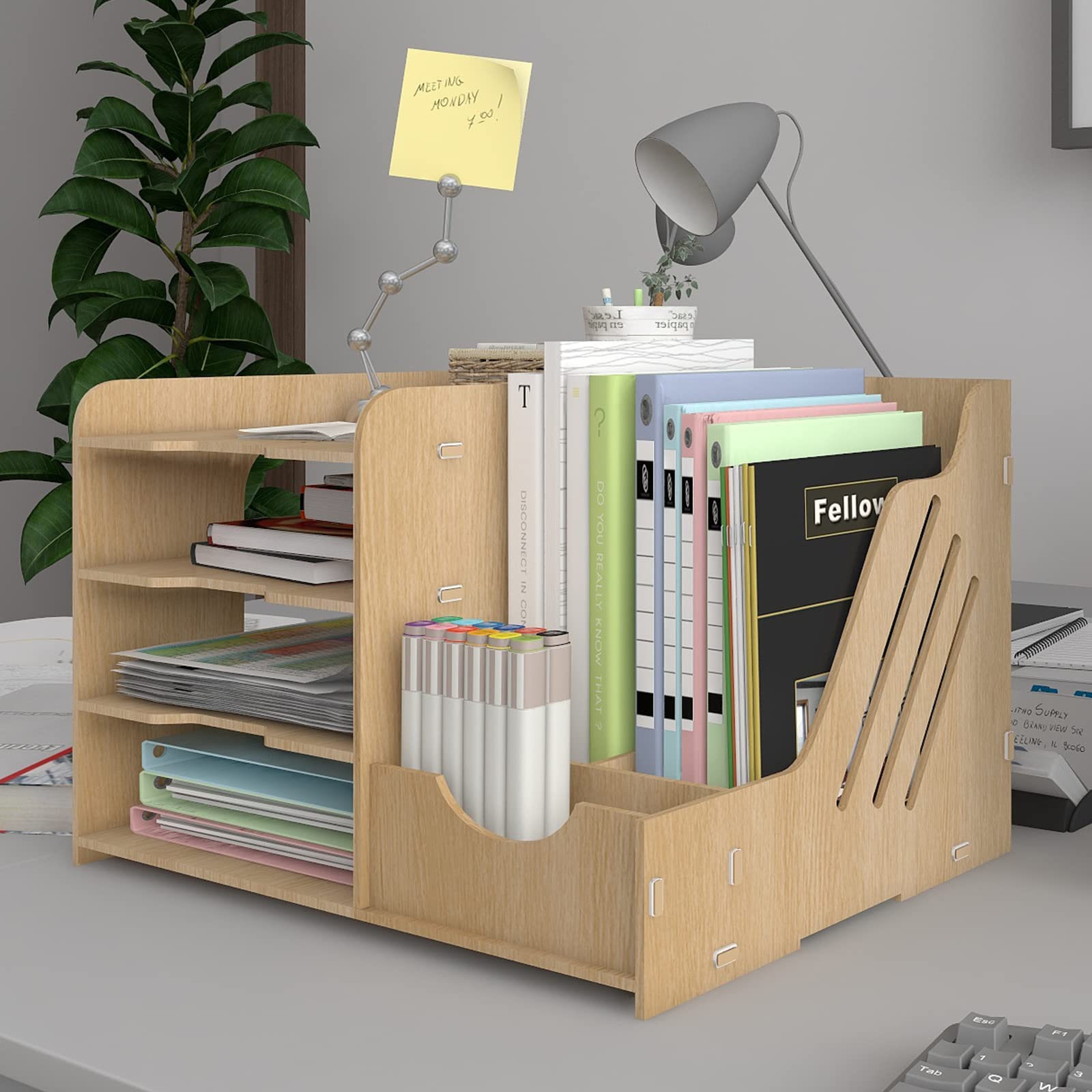 PUNCIA 4-Tier Wooden Desktop Organizer - A4 Paper File Rack with Vertical & Horizontal Holders, Office Supplies Storage Box, Mail Sorter for Desk, Tabletop Binder & Letter Trays - Perfect for Home & Office Organization