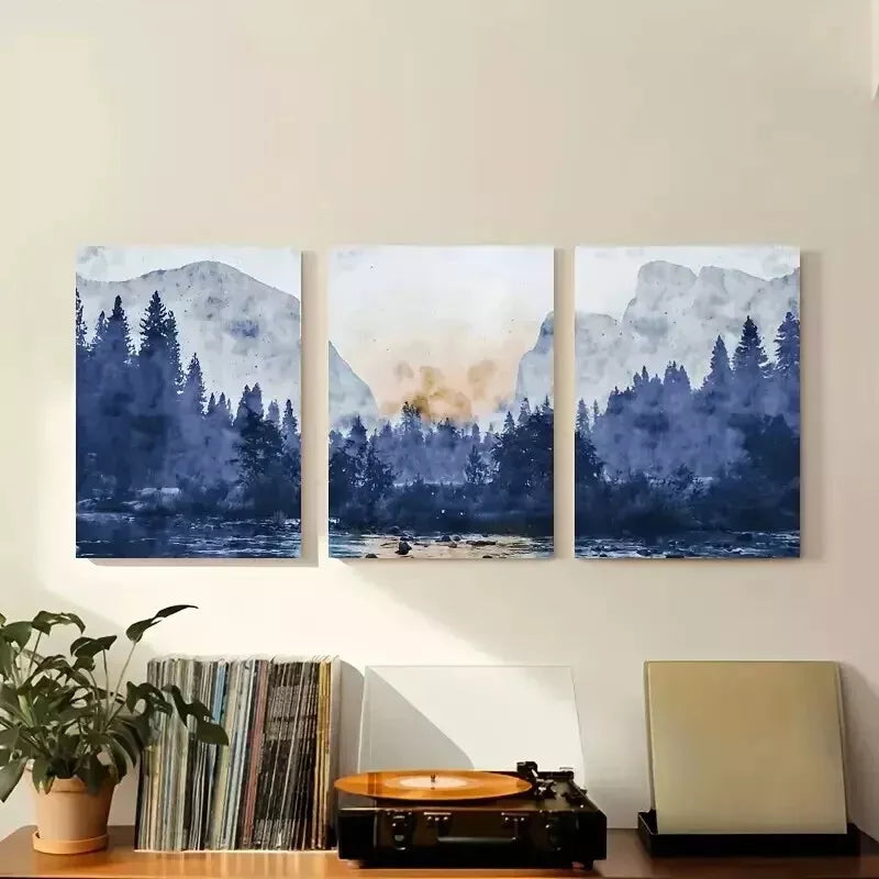 3pcs Blue Mountains Abstract Landscape Wall Art Set - Framed Canvas 50x70cm - High Quality Print - 100% Australian Made - Ready to Hang - Perfect for Living Room, Bedroom & Office Decor