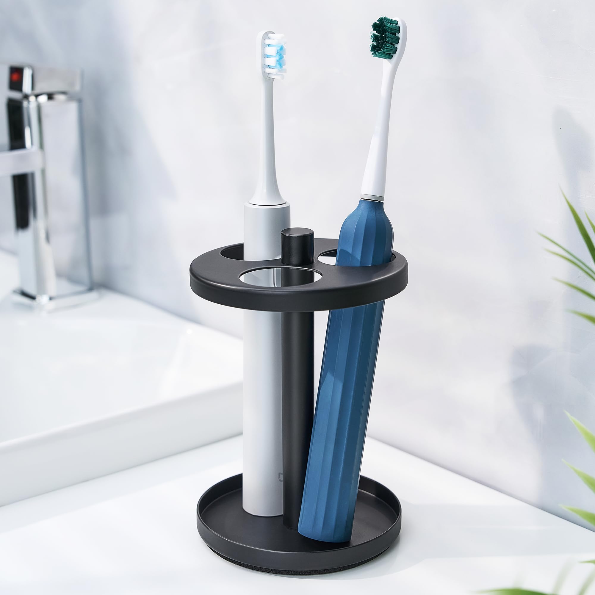 Stainless Steel Electric Toothbrush Holder Stand with Ventilation Slots - Organizer for Electric Toothbrushes & Razors - Bathroom Countertop Storage Solution for Oral Care Essentials (Black)