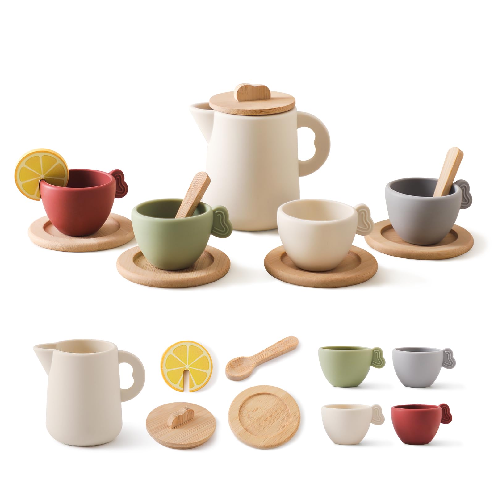 **Wooden Tea Set for Kids - 12-Piece Pretend Play Tea Party Set with Teapot, Cups, Scoop & Tray - Safe Silicone & Wood Toddler Kitchen Toys - Perfect Gift for Girls (Birthday, Pretend Play, Role Play, Tea Parties)**