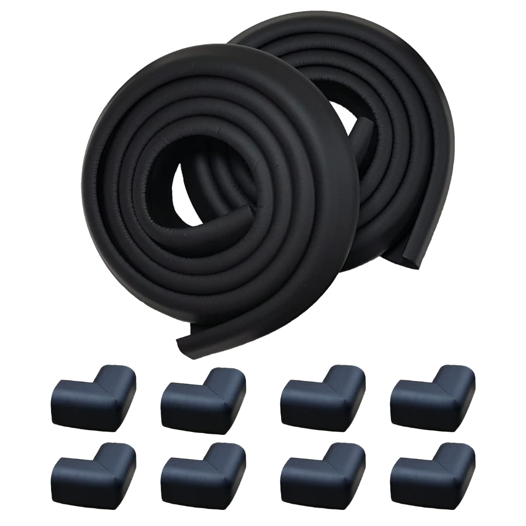 Baby Proofing Edge & Corner Guards Set - 6.5ft Cushion x2 & 8 Corner Protectors, Black L-Shaped NBR Foam with Strong Double-Sided Tape - Furniture Safety Bumper for Tables, Counters, Cabinets - Childproof Your Home for Toddler Safety