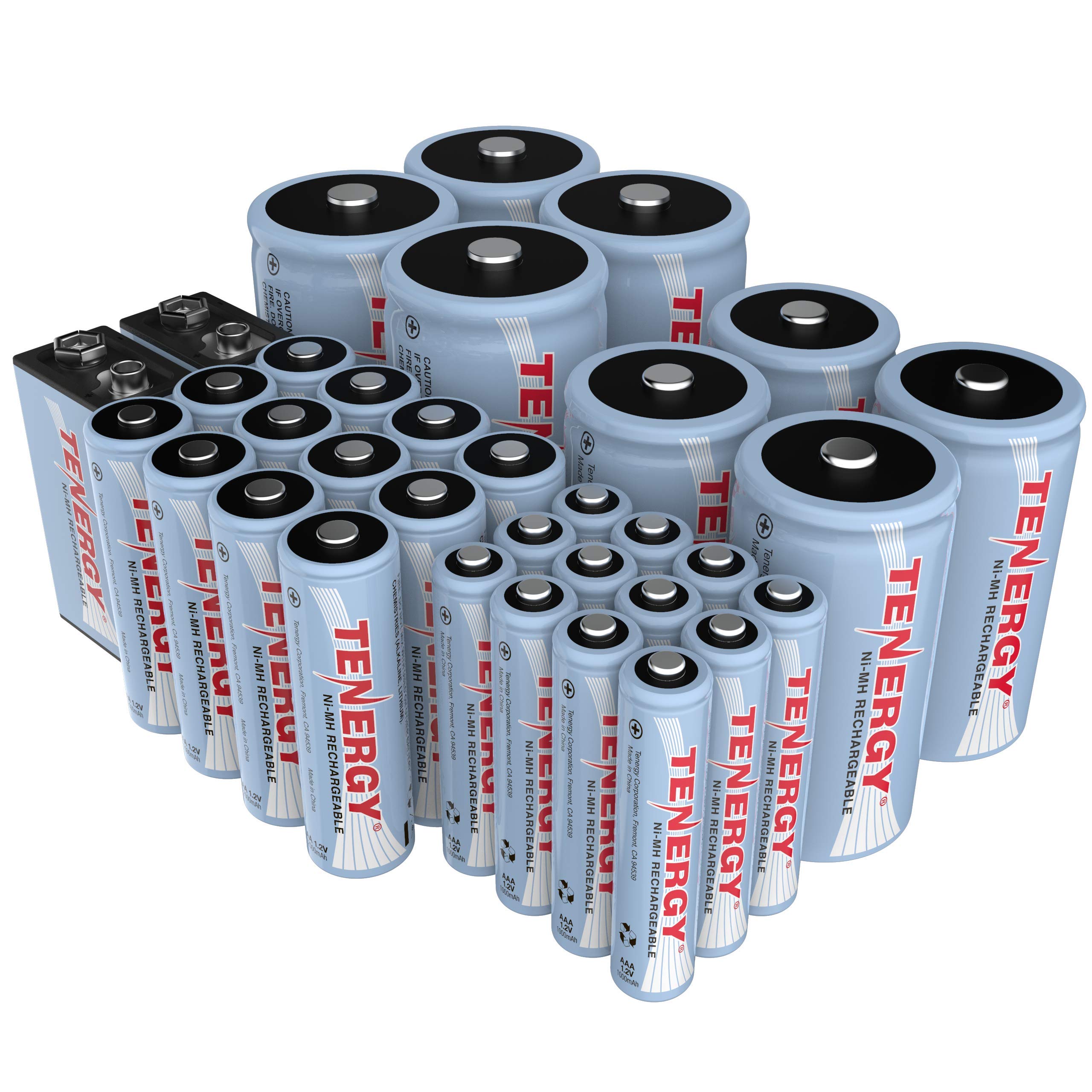 Tenergy NiMH Rechargeable Battery 34 Pack - 12AA, 12AAA, 4C, 4D & 2x9V Batteries for Household Electronics | Long-Lasting Power for Remote Controls, Toys, Flashlights & More