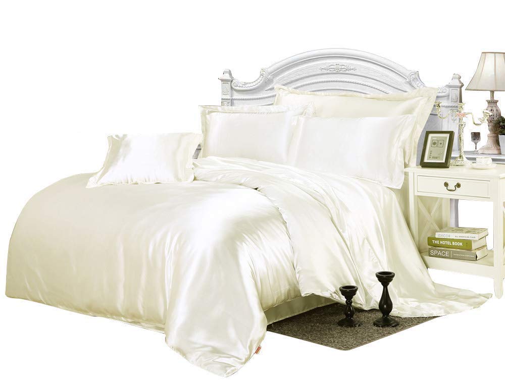 Premium Alaska King Comforter Set - 7-Piece 500 GSM Satin Bedding Set (Comforter, Flat Sheet, Fitted Sheet & 4 Pillowcases) in Ivory - Luxury Duvet Insert for Master Bedroom & Guest Room Decor