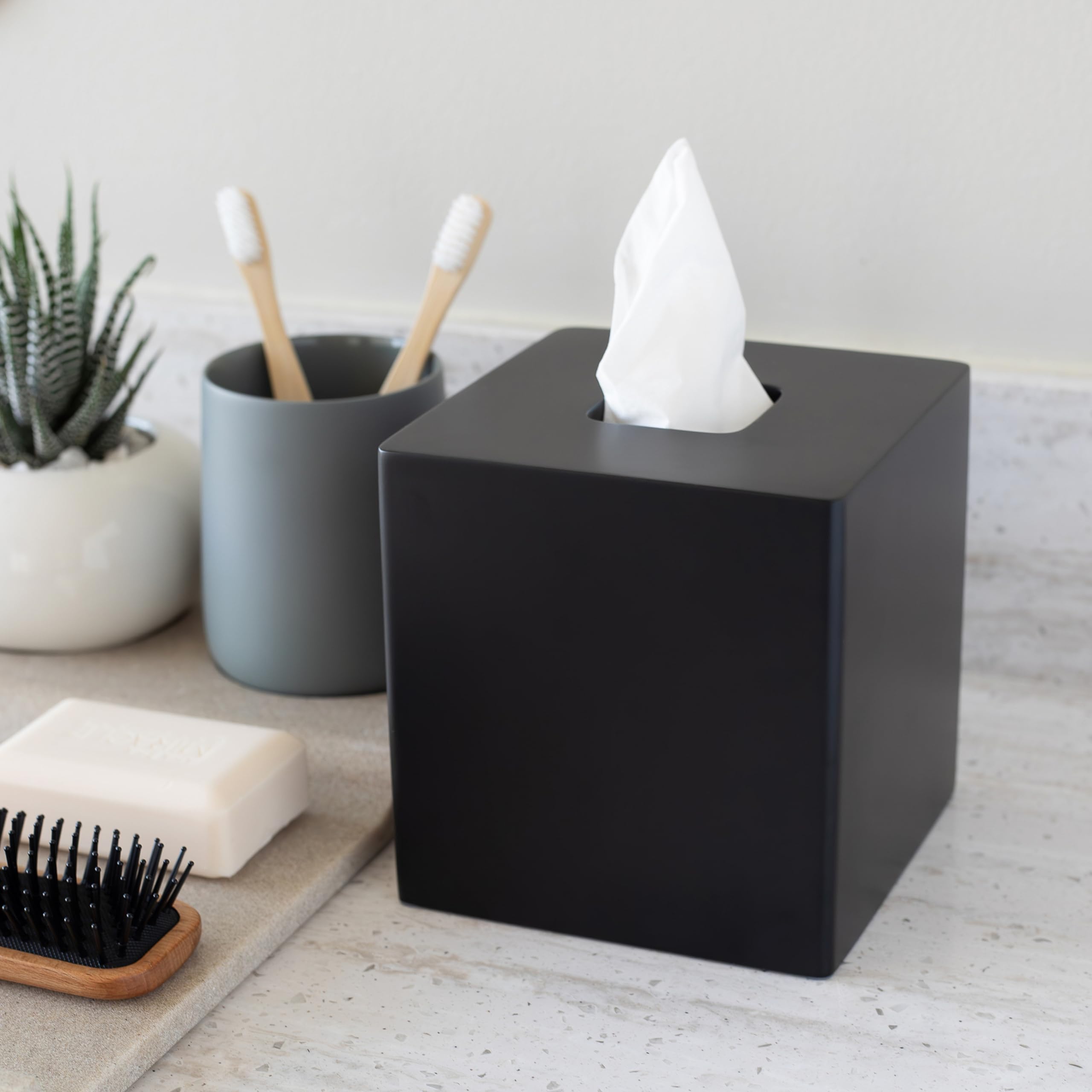 Matte Black Square Tissue Box Cover - Stylish Decorative Tissue Box Holder for Bathroom, Living Room, Office & Bedroom | Perfect for Vanity Countertops, Nightstands, Cars & Desks | Home & Office Decor Accessory