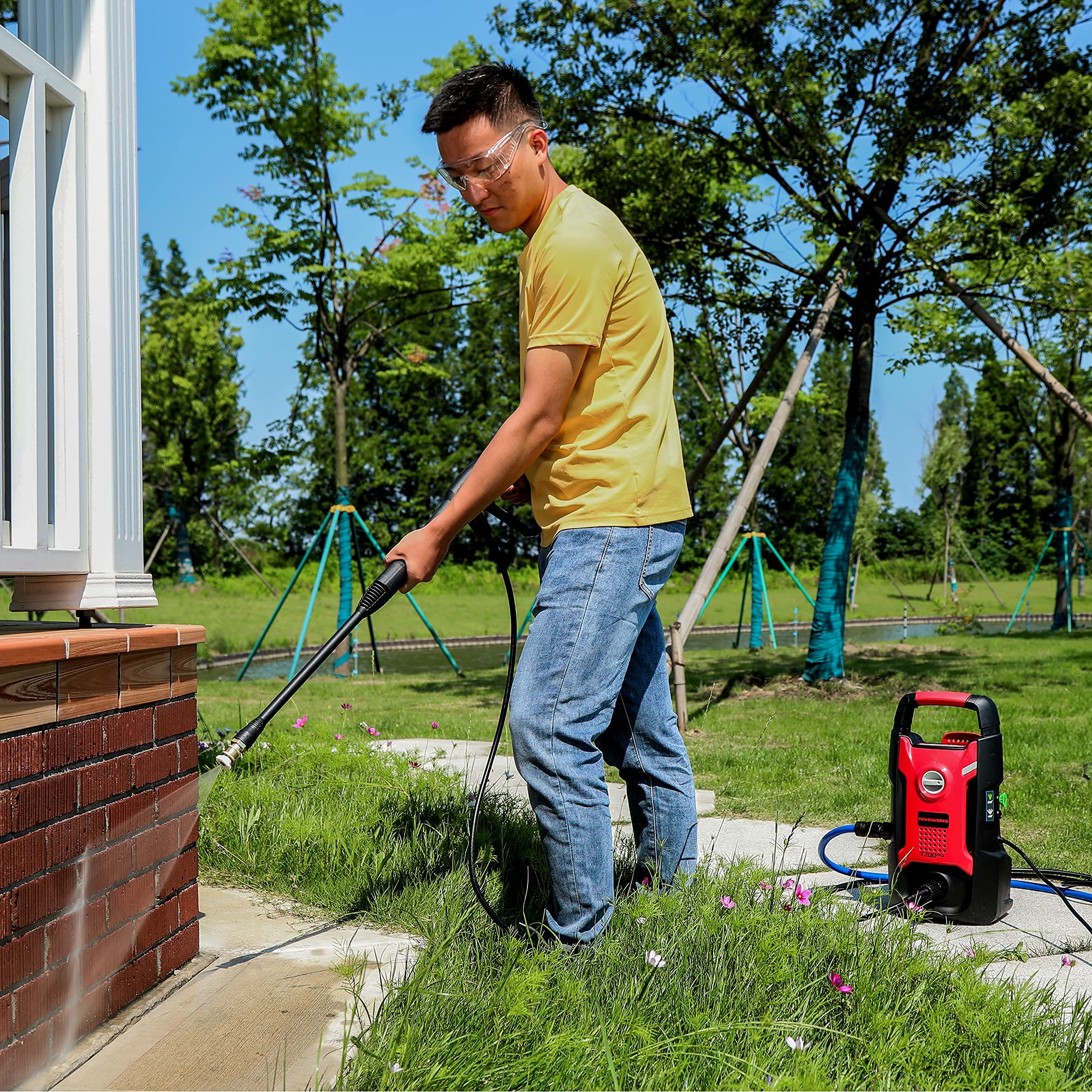 POWERWORKS 1700 PSI 1.2 GPM Electric Pressure Washer with 20ft Hose & 3 Nozzles - PWMA Certified for Car Washing, Garden Cleaning & Outdoor Home Maintenance (Red)