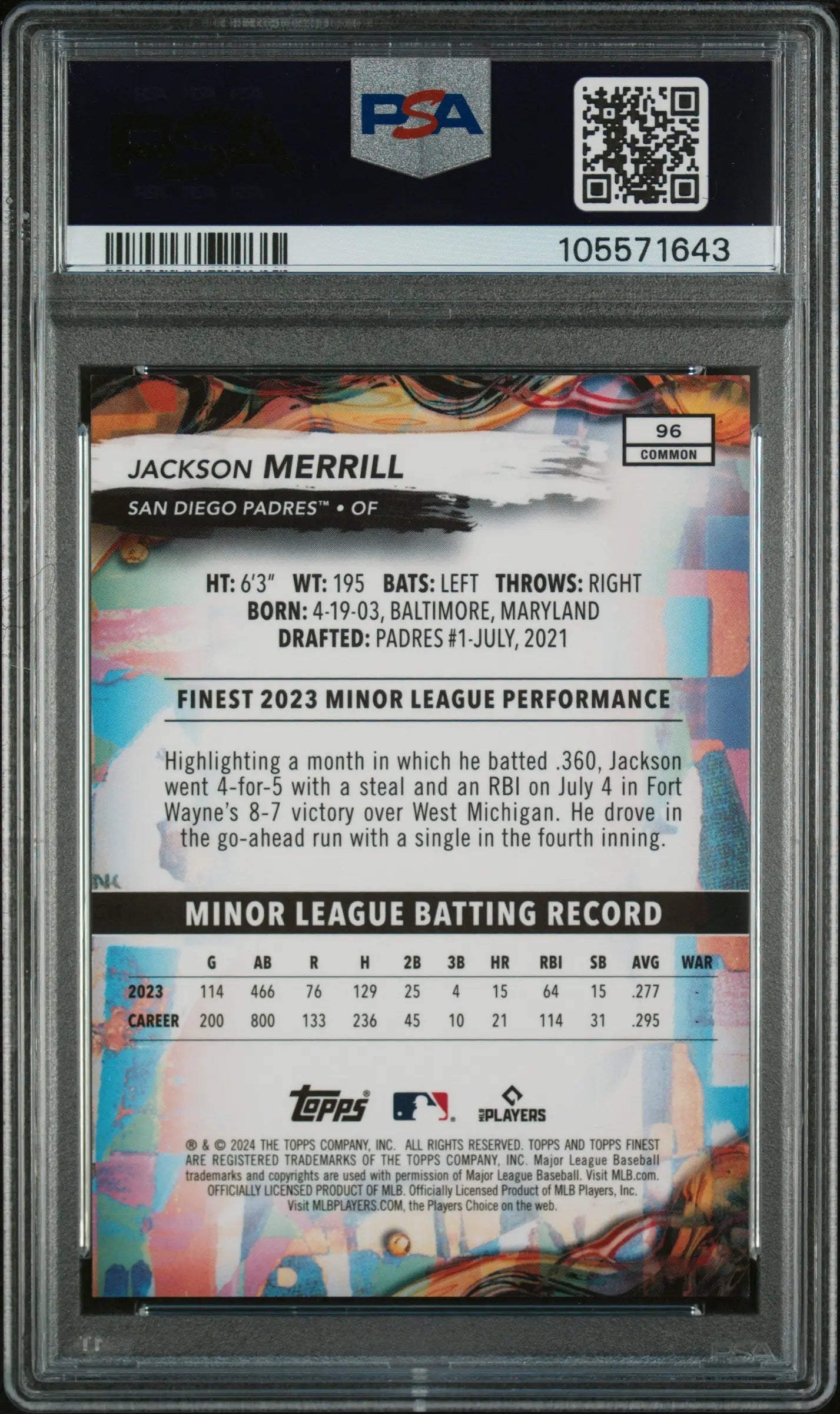 2024 Topps Finest Baseball Jackson Merrill Rookie Card Red Lava Refractor PSA 10 Gem Mint - Limited Edition 10/10 - Perfect for Collectors & Baseball Fans (Display Case, Investment, Gift Idea)