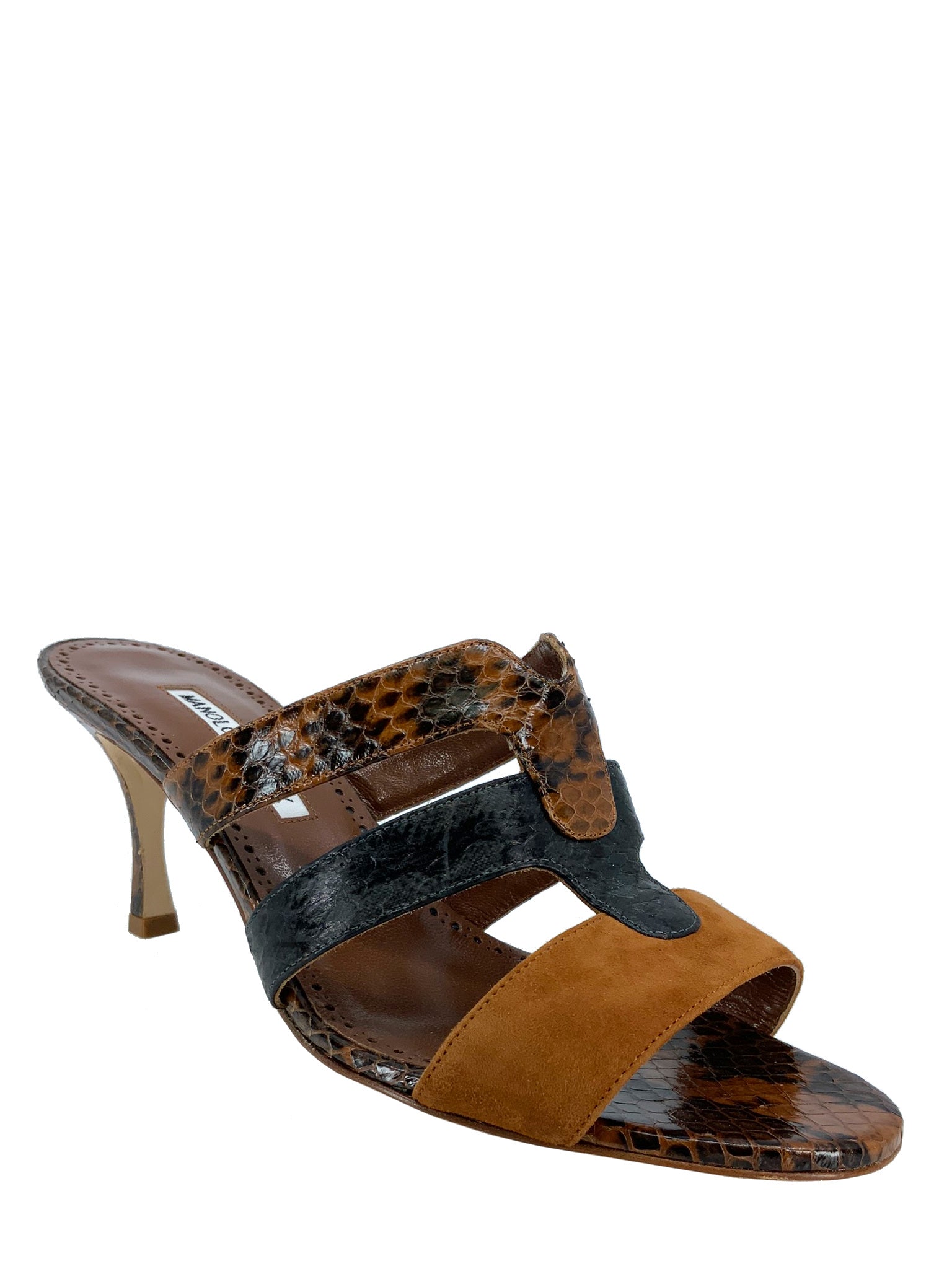 Manolo Blahnik Pennina Brown Suede & Snakeskin Mules - Women's Size 9 Luxury Designer Slides | Perfect for Evening Parties, Weddings & Special Occasions
