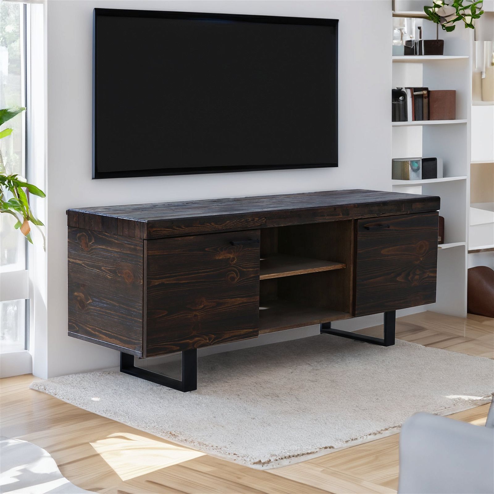 Rustica 160cm Solid Pine Wood TV Stand with 2 Doors - Black Entertainment Center for Living Room, Bedroom & Home Theater