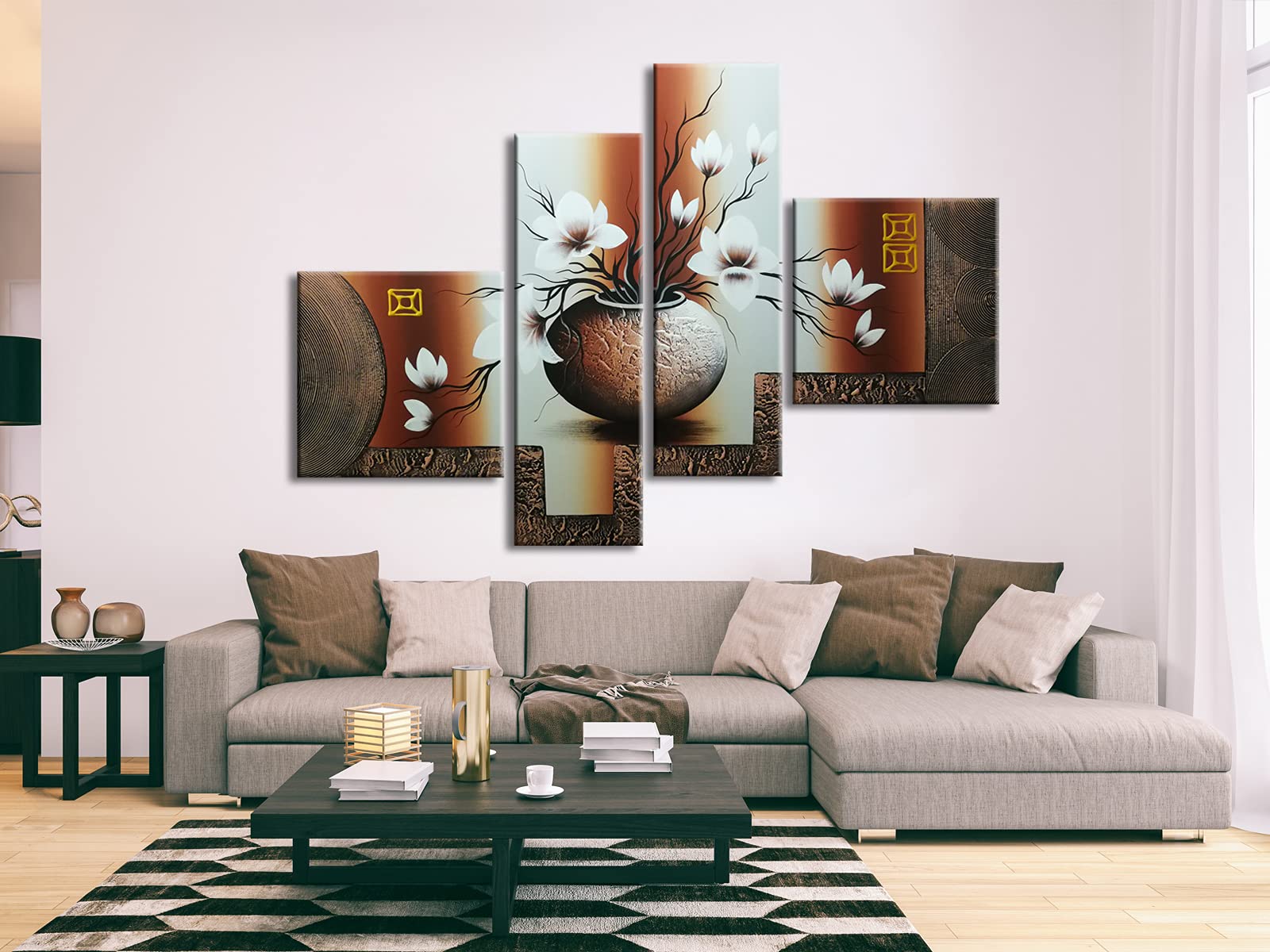 Wieco Art Large 4-Panel Hand-Painted Floral Canvas Wall Art - Modern Oil Painting for Living Room, Bedroom & Office Decor - Framed Stretched Elegant Flower Painting (XL Size)