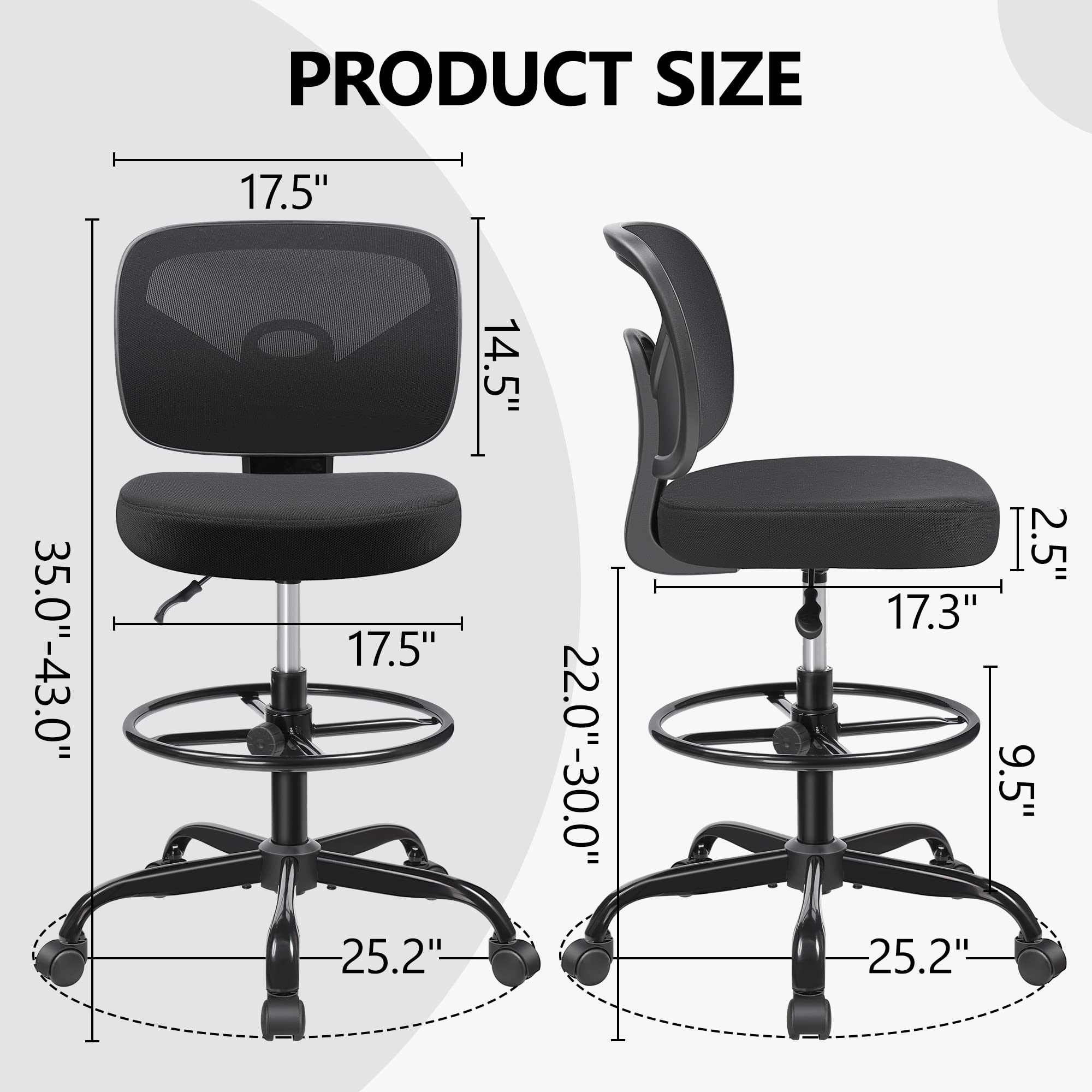 Primy Adjustable Height Drafting Chair - Armless Mid-Back Ergonomic Office Chair with Foot Ring & Mesh Back - Rolling Swivel Stool for Standing Desks, Art Studios, Home Office & Workspaces (Black)