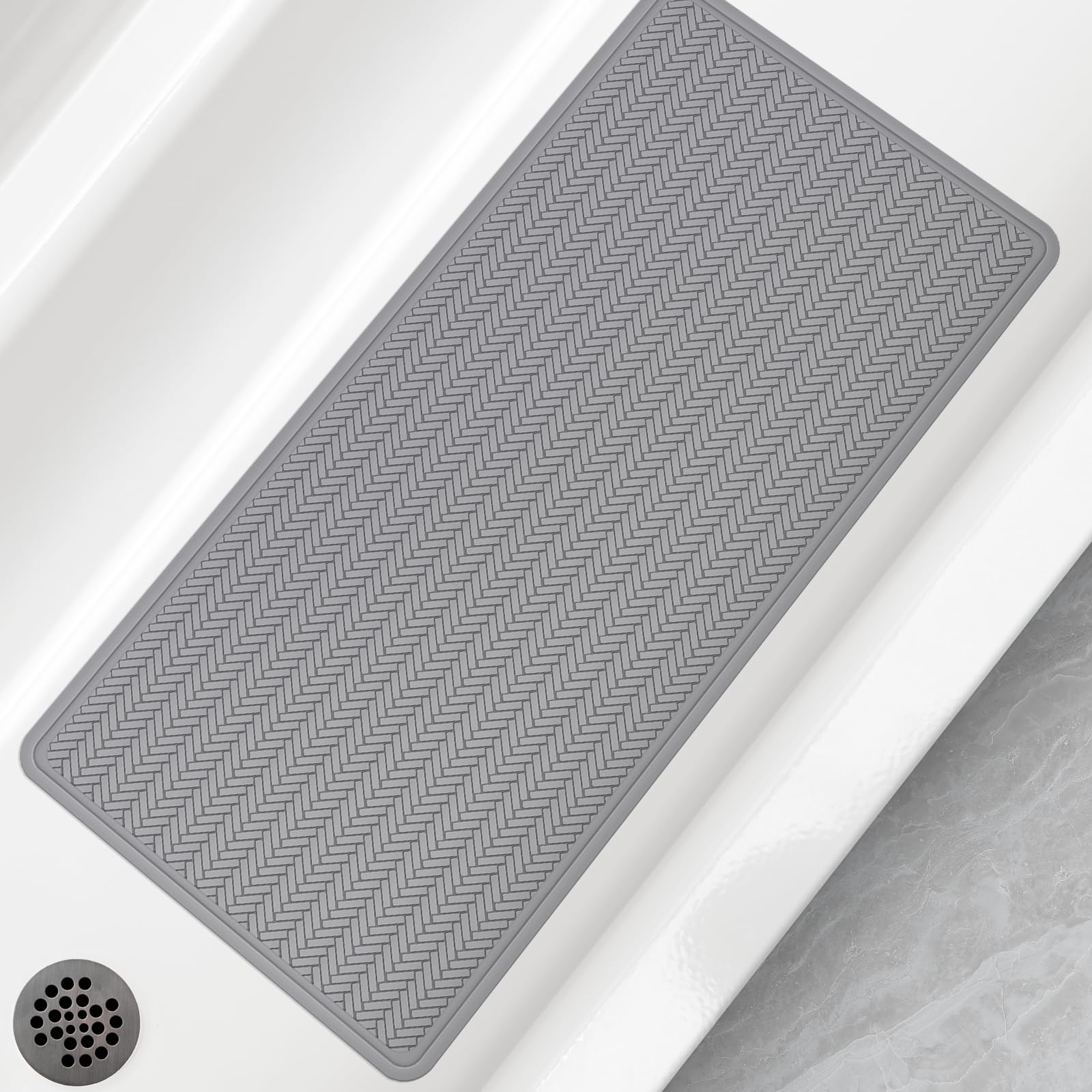 Non-Slip Bathtub Mat 16.9x36 Inches - Extra Large Bath Mat with Strong Suction Cups, Soft Rubber Shower Mat for Bathroom Safety, Durable & Machine Washable (Grey) - Perfect for Bath Tubs, Showers & Wet Areas