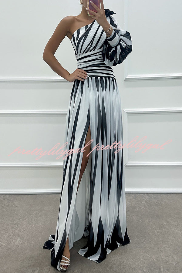 Elegant Printed Rose Pendant One Shoulder Pleated Slit Maxi Dress for Women | Summer Beach Party, Evening Gala & Special Occasion Outfit