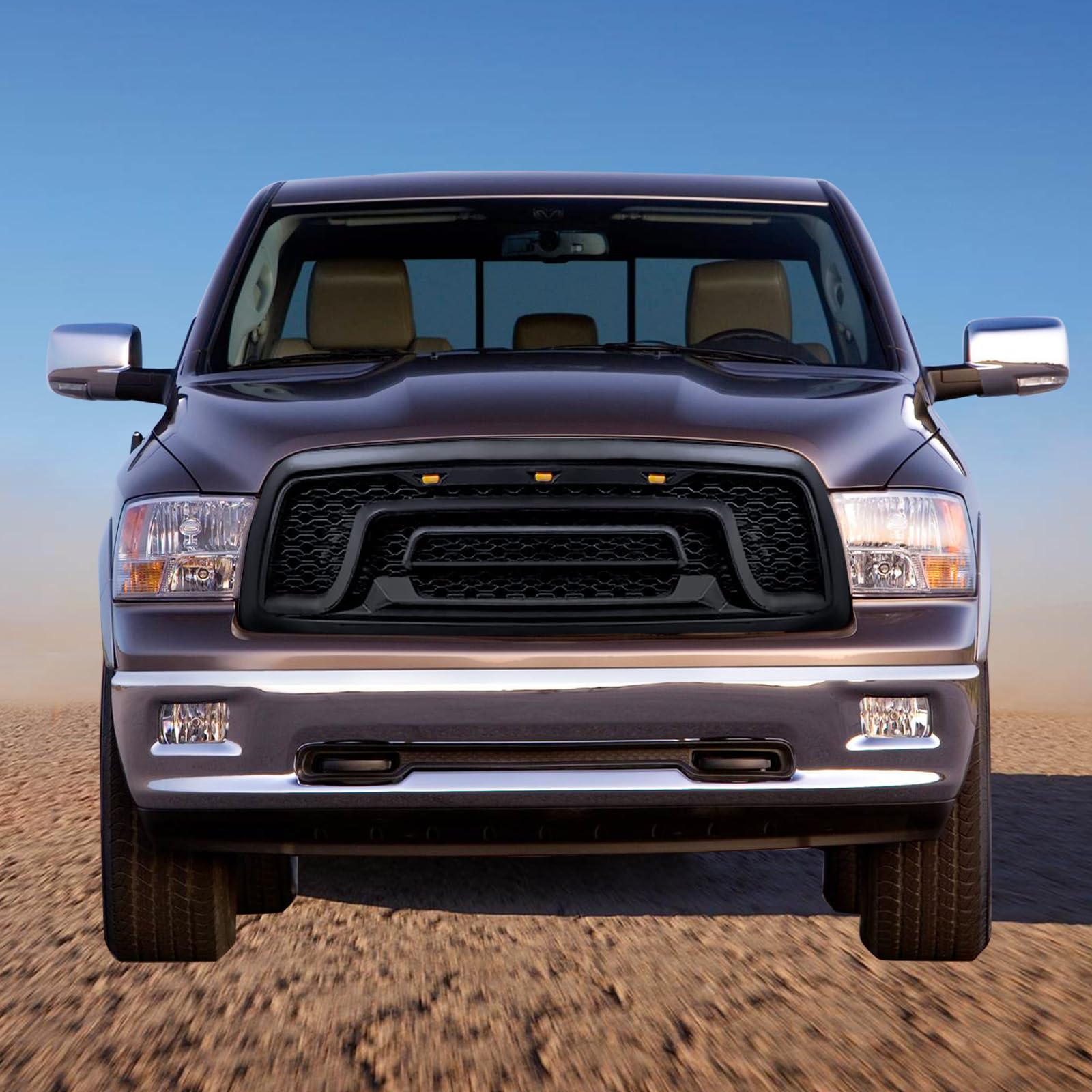 IKON MOTORSPORTS Matte Black Mesh Grille for 2009-2012 Dodge Ram 1500 - Upper Front Bumper Hood Grill Shell with LED Signal Lights | Perfect for Off-Roading & Truck Customization