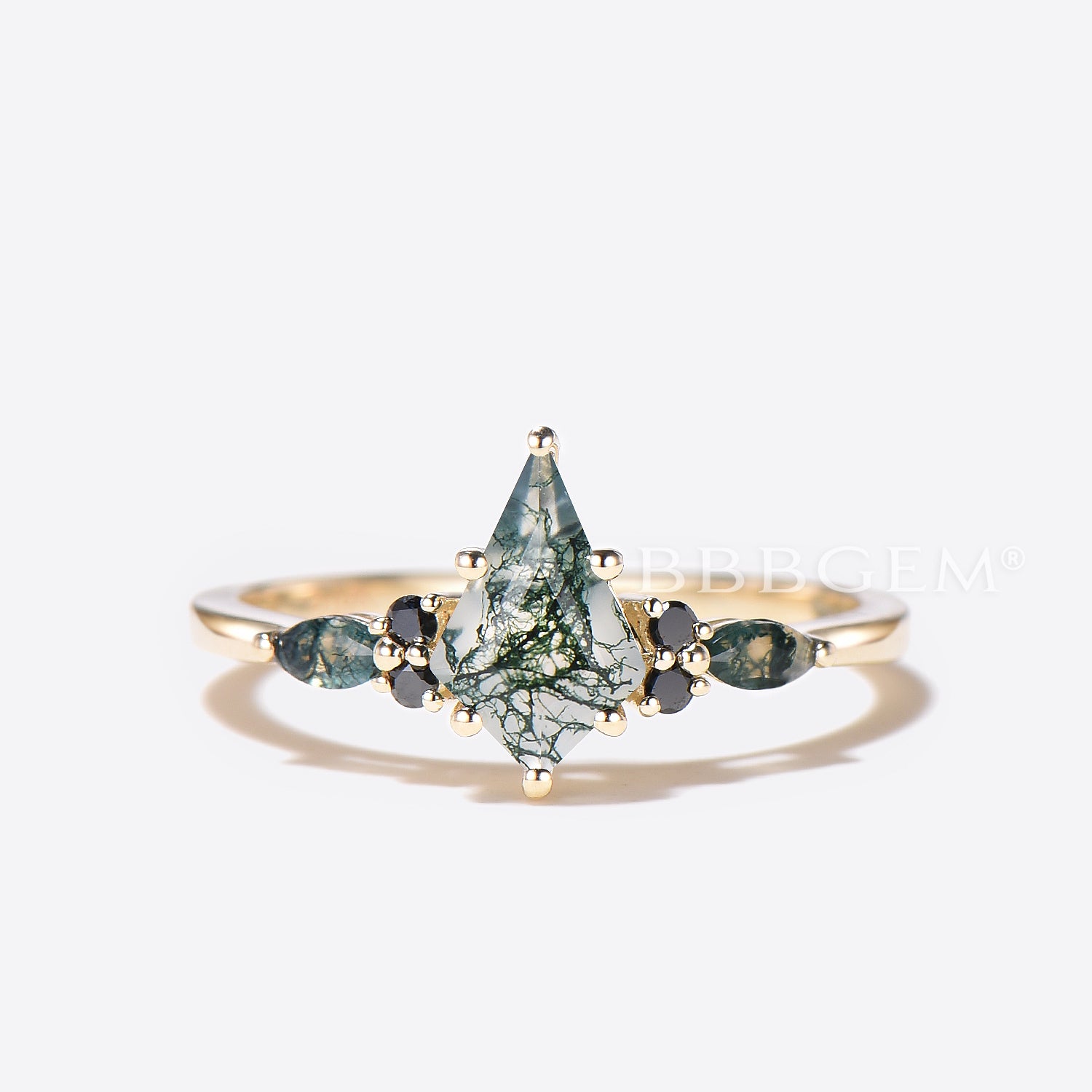 **Moss Agate Engagement Ring Set with Kite Cut Cluster & Black Spinel – Perfect for Weddings, Proposals, and Anniversary Gifts**