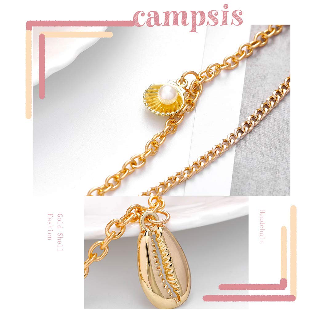 Gold Pearl Hair Extension Chain with Punk Shell Headpiece - Boho Tassel Conch Hair Accessories for Women & Girls (Pack of 4) | Perfect for Music Festivals, Beach Parties & Boho Weddings