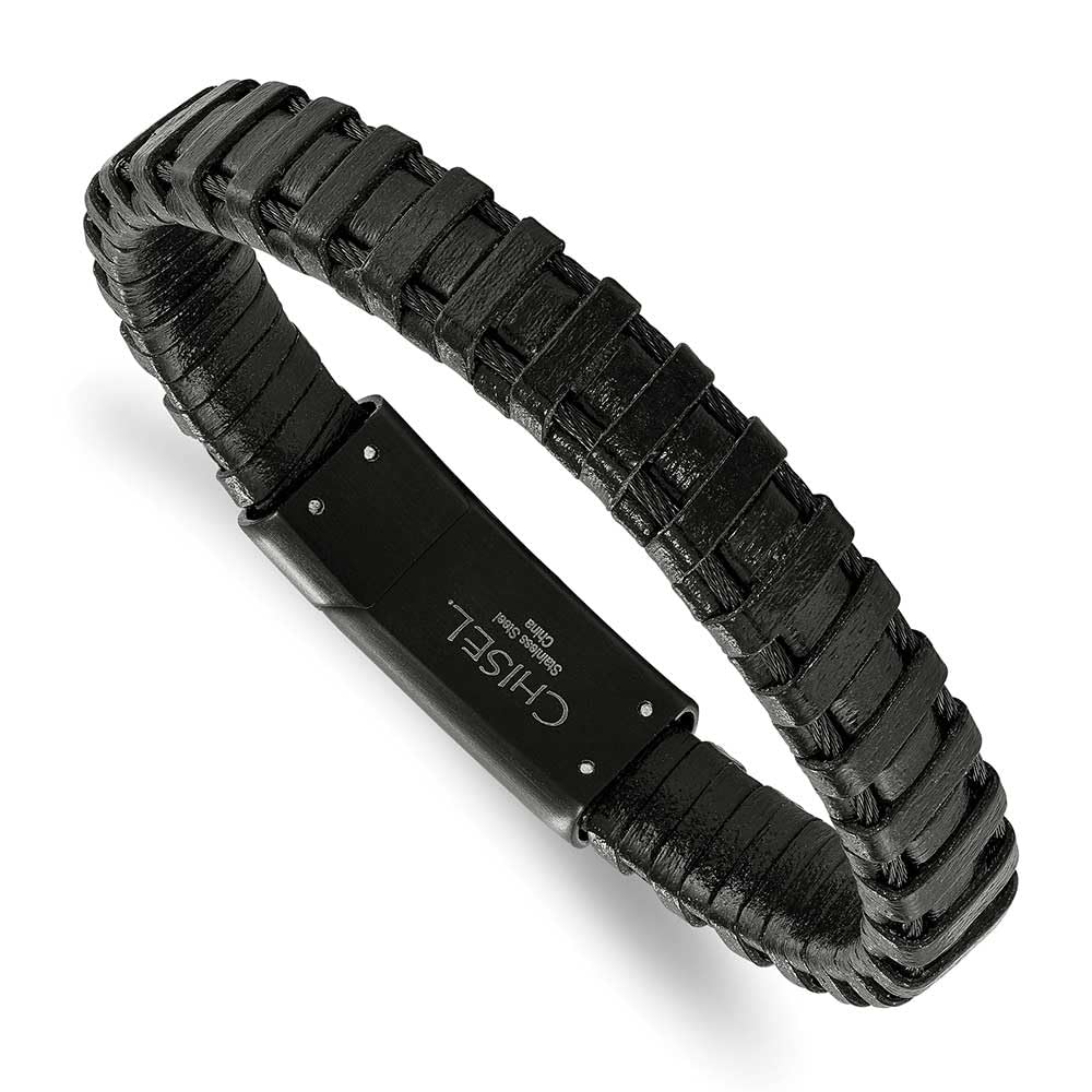 Premium Stainless Steel Black IP-Plated Cable & Leather Bracelet for Men - Durable Unisex Wristband for Everyday Wear, Gifts & Fashion Accessories
