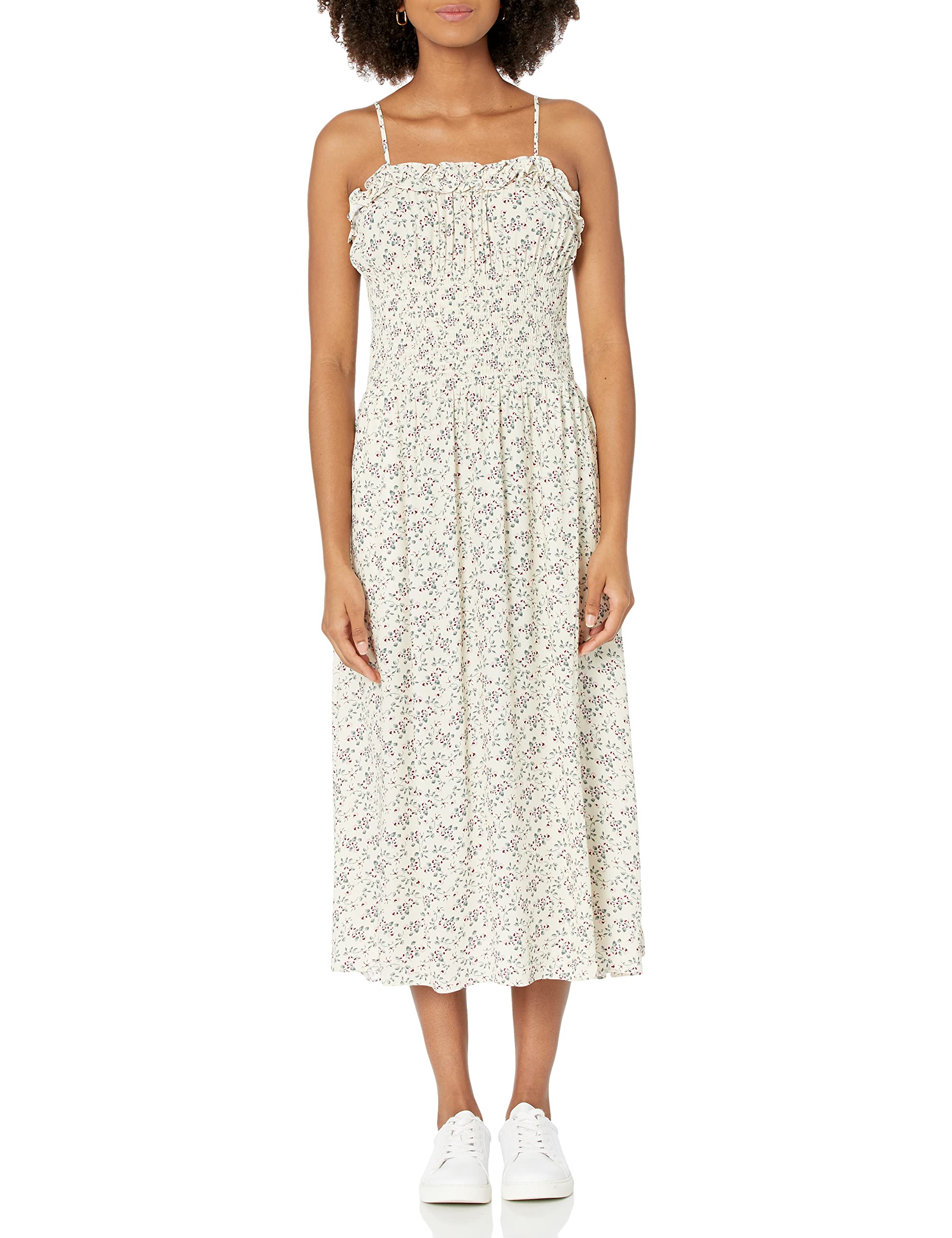 The Drop Women's Ivory Floral Print Smocked Midi Dress by Lauren Kay Sims | Summer Boho Dress for Beach Vacations, Brunch Dates & Outdoor Weddings