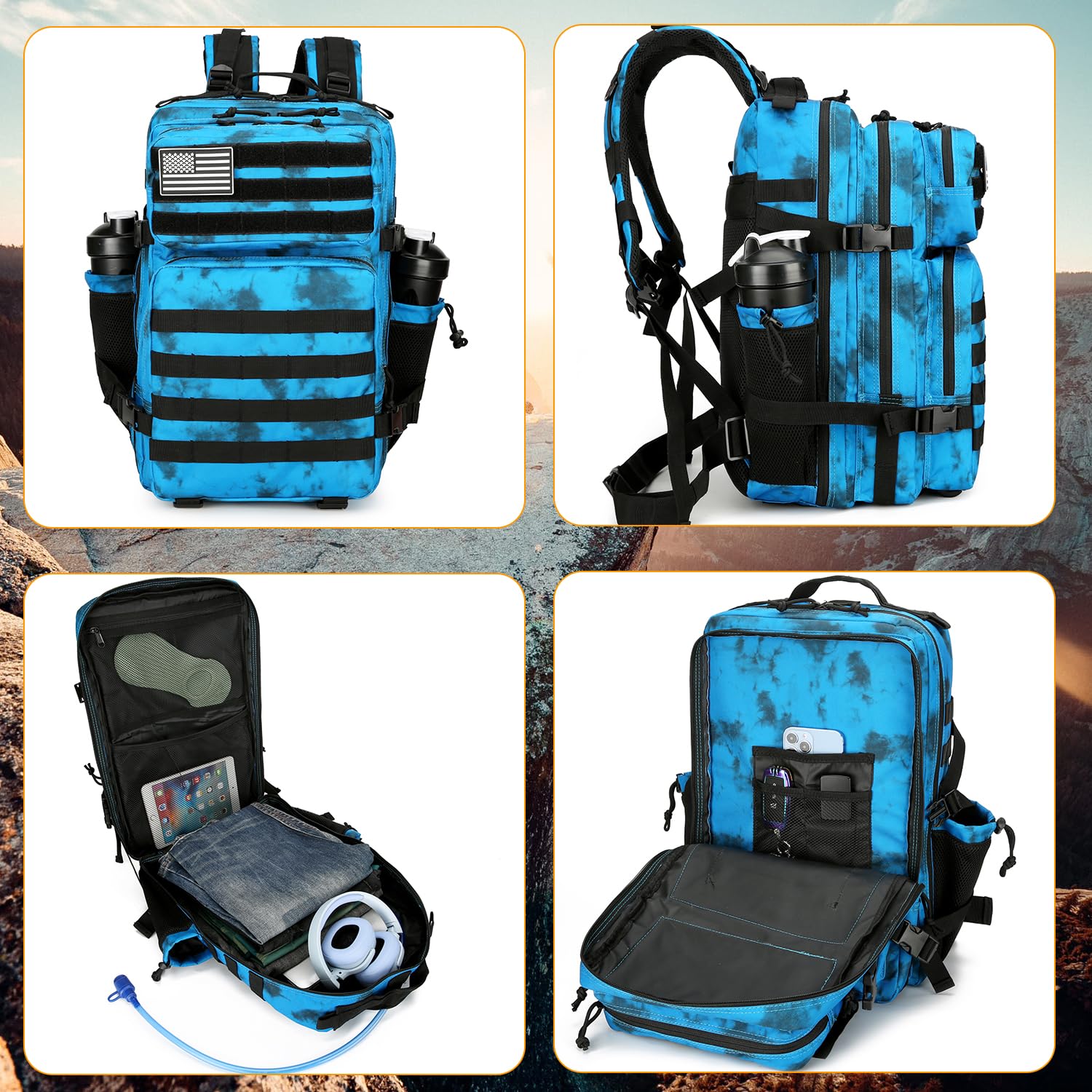 25L Tactical Backpack Military Molle Rucksack - Water Resistant Outdoor Hiking Camping Backpack for Men & Women - Perfect for Travel, Assault Training & Survival Gear (Blue Camo Pattern)