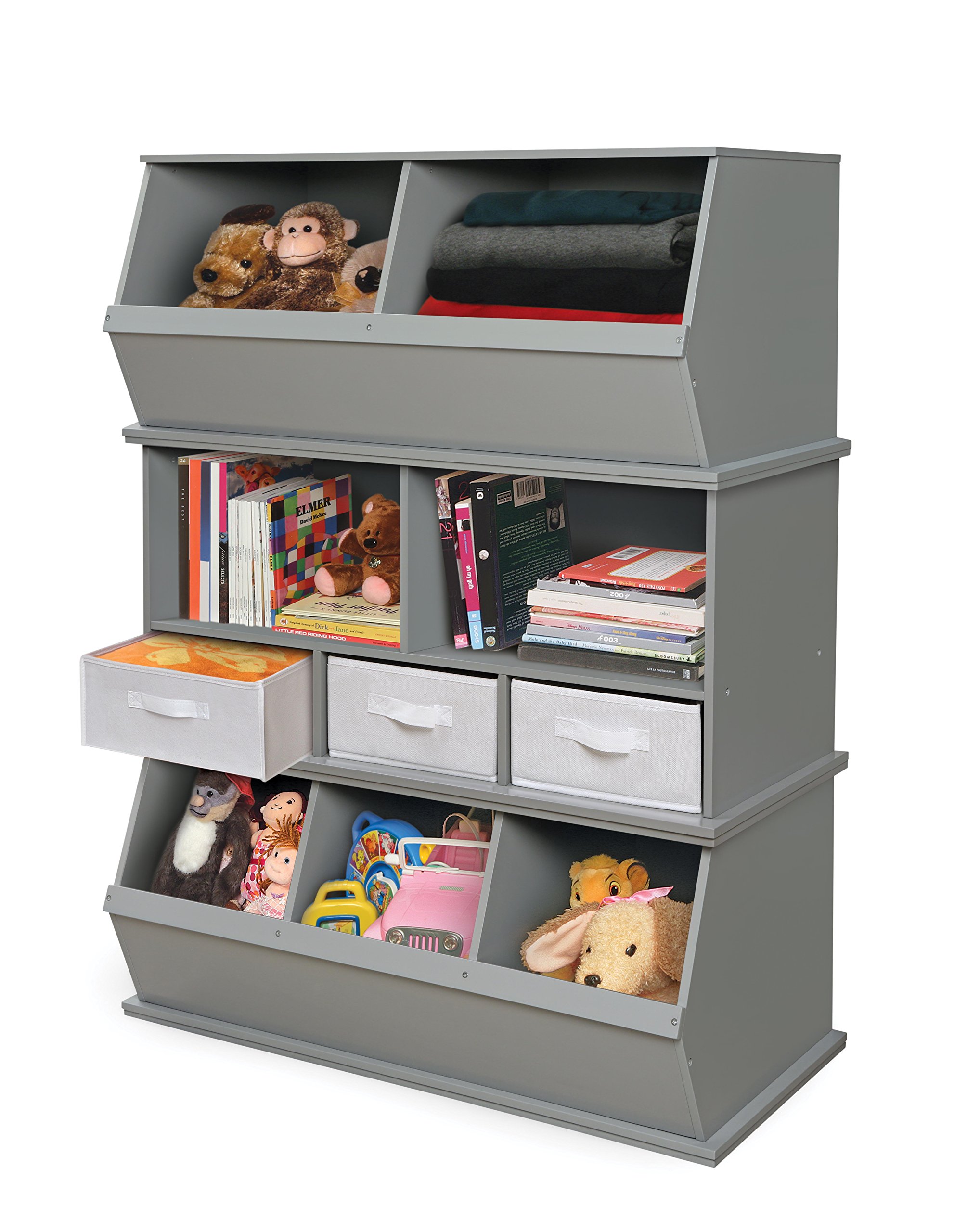 Badger Basket 5-Shelf Stackable Toy Storage Organizer with 3 Fabric Bins - Gray | Kids Room Organization & Playroom Storage Solution