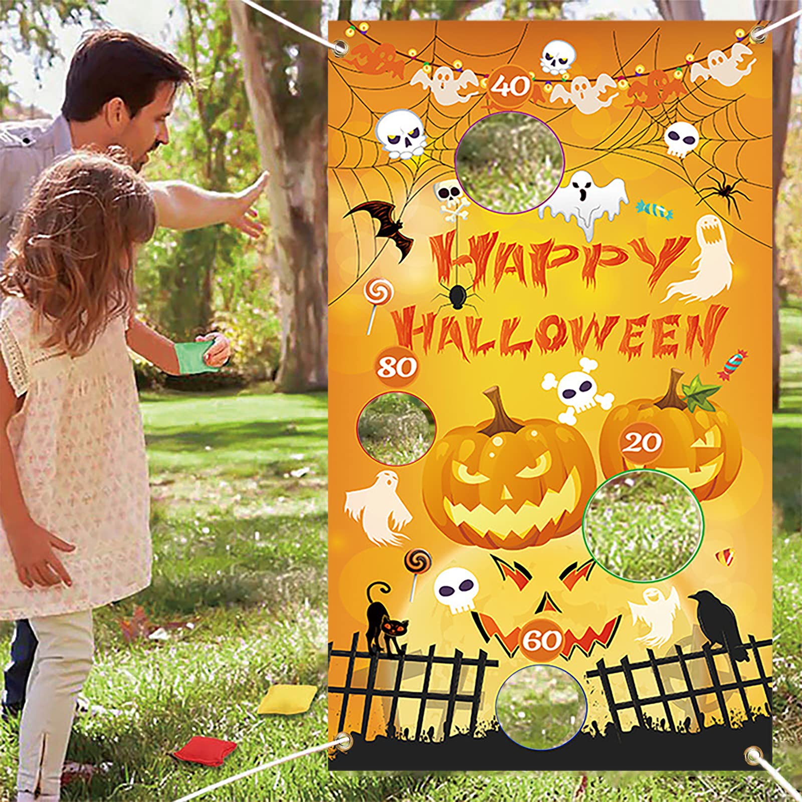 Halloween Toss Game Set - 6 Bean Bags & Pumpkin Decor for Carnival, Birthday Parties | Indoor/Outdoor Halloween Party Games for Kids & Teens | Perfect for Backyard Carnivals, School Events & Family Gatherings