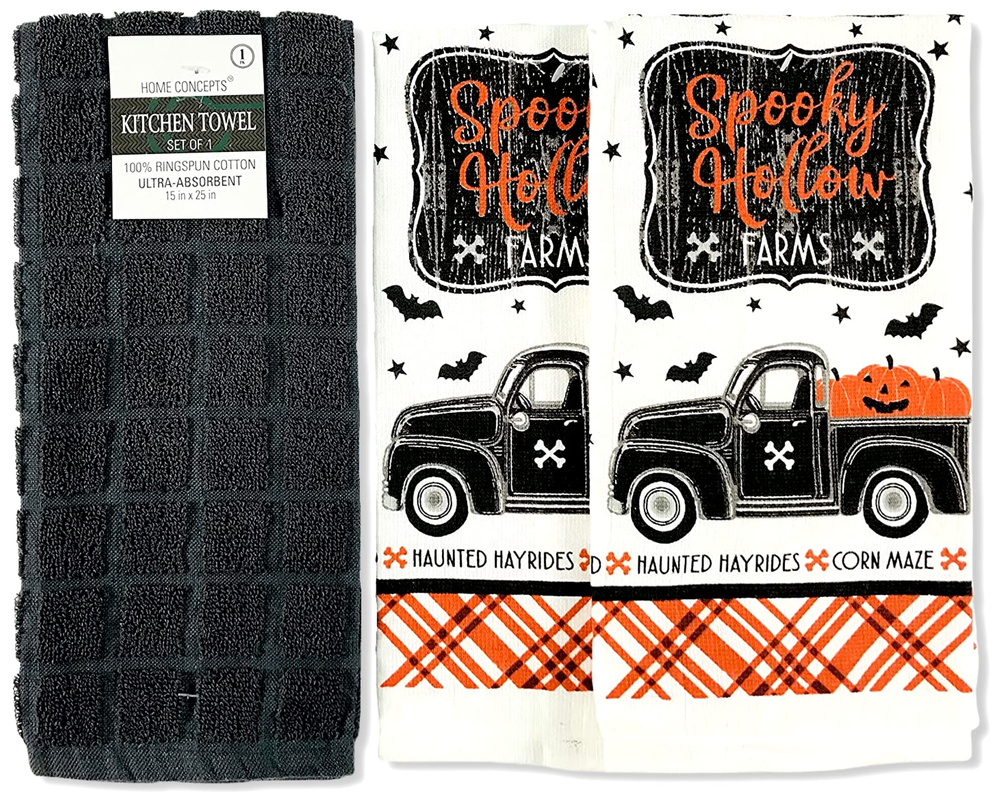 Halloween Kitchen Dish Towels & Pot Holders Set - Cute Haunted Home Castle with Bats in Orange, Black & White | Spooky Kitchen Decor for Halloween Parties & Fall Home Decor