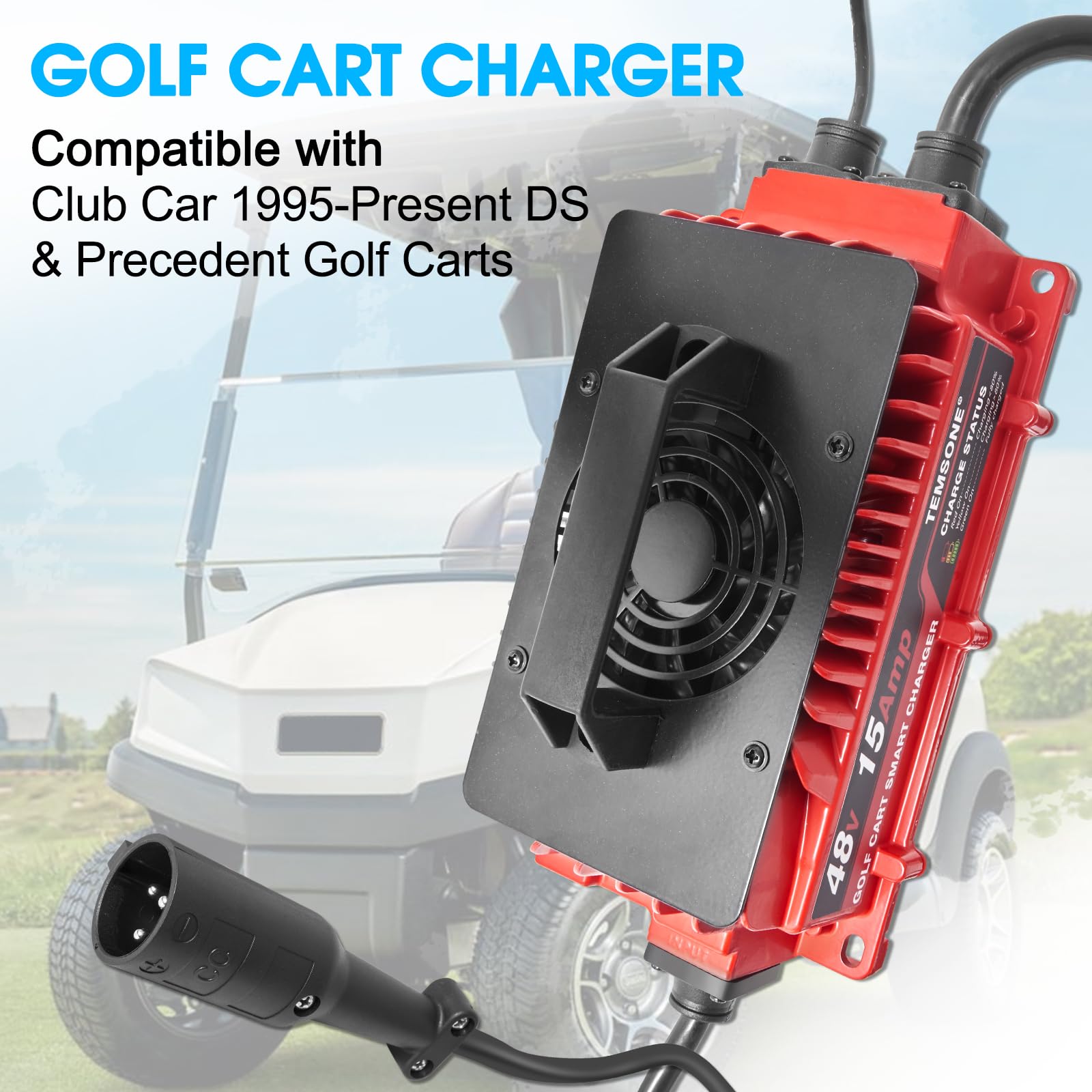48V 15A Golf Cart Battery Charger with Round 3-Pin Plug, Temperature Sensor & OBC Bypass Wire - Compatible with Club Car DS (1995-2024) & Precedent (2015-2024) Models - Perfect for Lead Acid Batteries - Ideal for Golf Course, Resort & Home Use