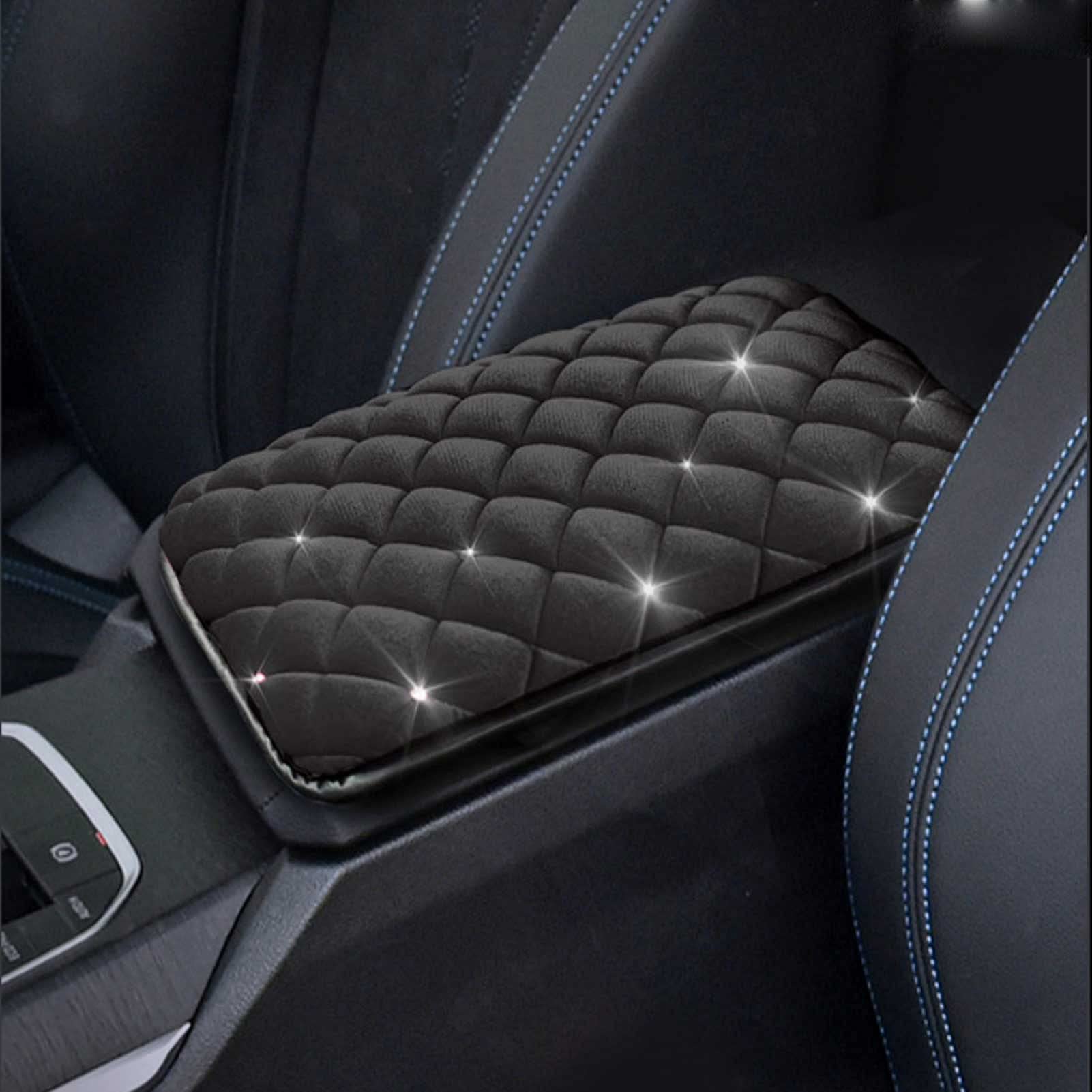 Luxury Diamond Car Center Console Cover - Plush Crystal Armrest Cushion Pad for Women | Soft Protective Case with Shimmering Decor | Perfect for Sedans, SUVs & Luxury Vehicles (Black)