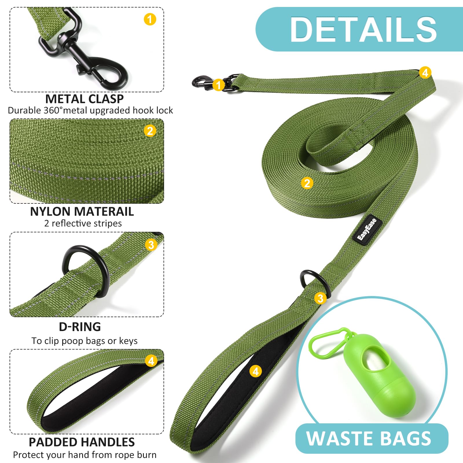 30FT Heavy Duty Reflective Dog Leash with 2 Soft Padded Handles - Durable Training & Walking Lead for Small, Medium & Large Dogs - Perfect for Outdoor Adventures, Jogging, Hiking and Nighttime Safety