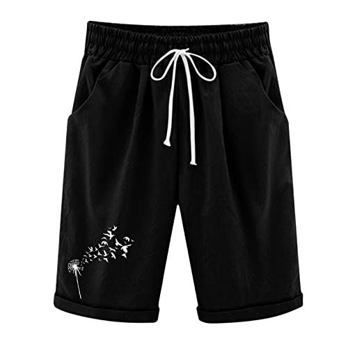 Women's Casual Elastic Waist Cotton Linen Pants - Summer Dandelion Print Lounge Pants with Pockets for Beach, Workout & Office (Black, XXL) | Comfortable & Stylish Stretch Pants for Women