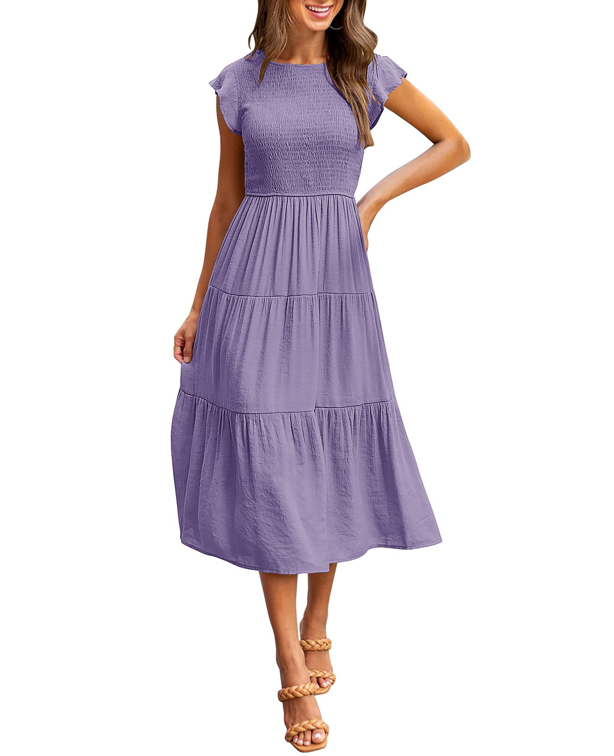MEROKEETY Women's Flutter Short Sleeve Smocked Midi Dress - Summer Casual Tiered A-Line Dress for Beach, Vacation & Outdoor Parties