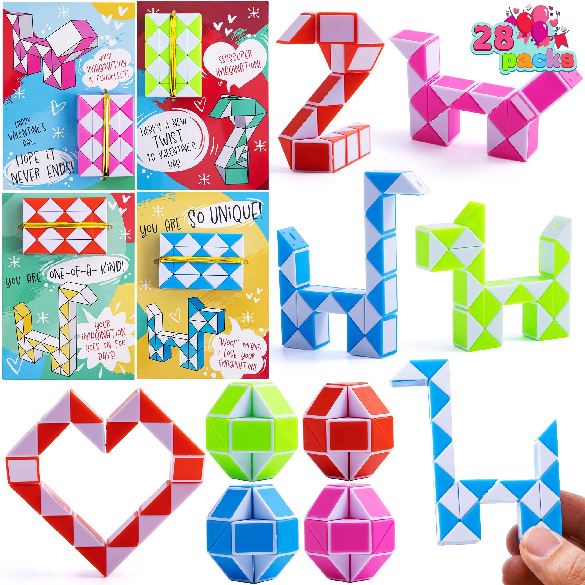 JOYIN 28 Pack Valentine's Day Cards with Snake Twist Toys for Kids - Magic Puzzle Fidget Toys for Stress Relief, Classroom Exchange, Party Favors & Gifts (Great for Valentine's Day Celebrations, School Activities, Birthday Parties)