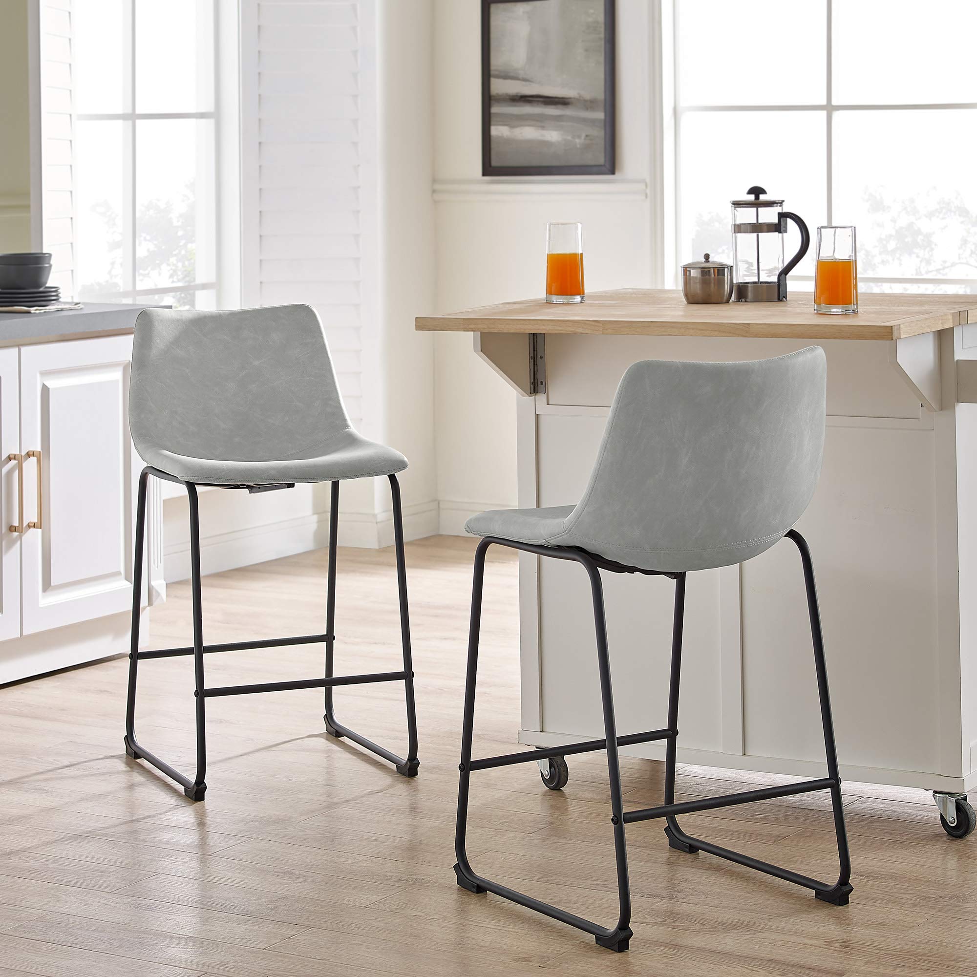 Walker Edison Douglas Urban Industrial Faux Leather Counter Stools, Set of 2, Grey - Perfect for Kitchen Islands, Breakfast Bars & Modern Dining Spaces