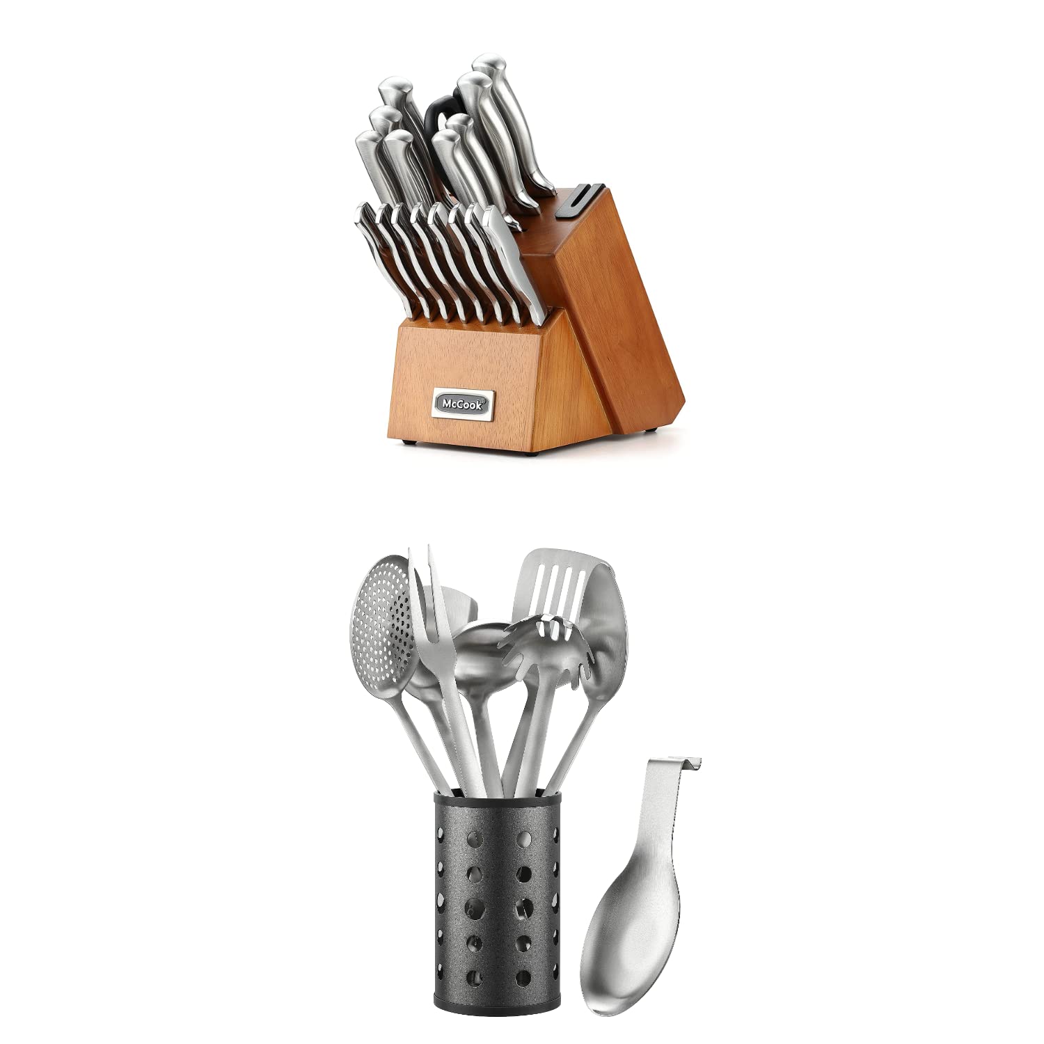 20-Piece German Stainless Steel Knife Block Set with Built-in Sharpener & 60-Piece Stainless Steel Cooking Utensil Set - Professional Kitchen Cutlery & Utensils for Home Chefs, Cooking, Food Prep & Entertaining