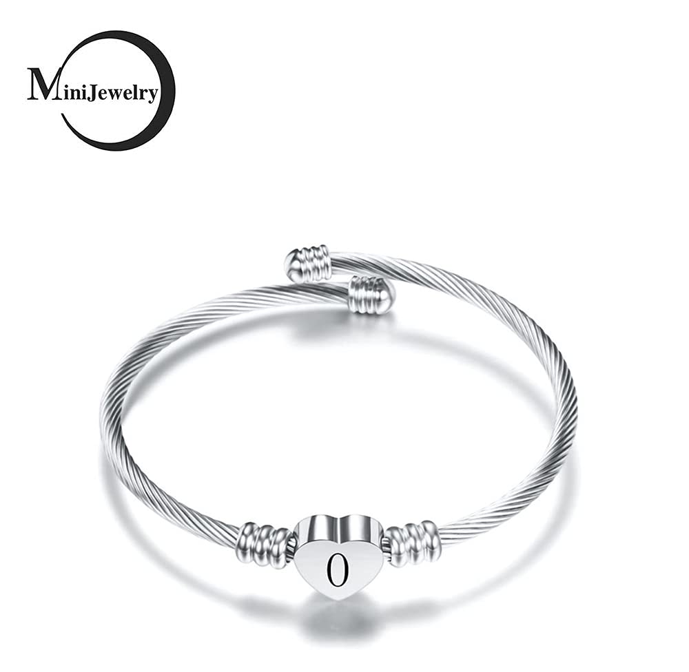 Personalized Silver Heart Initial Letter A-Z Stainless Steel Cuff Bangle Bracelet for Women - Perfect Gift for Birthday, Anniversary & Valentine's Day