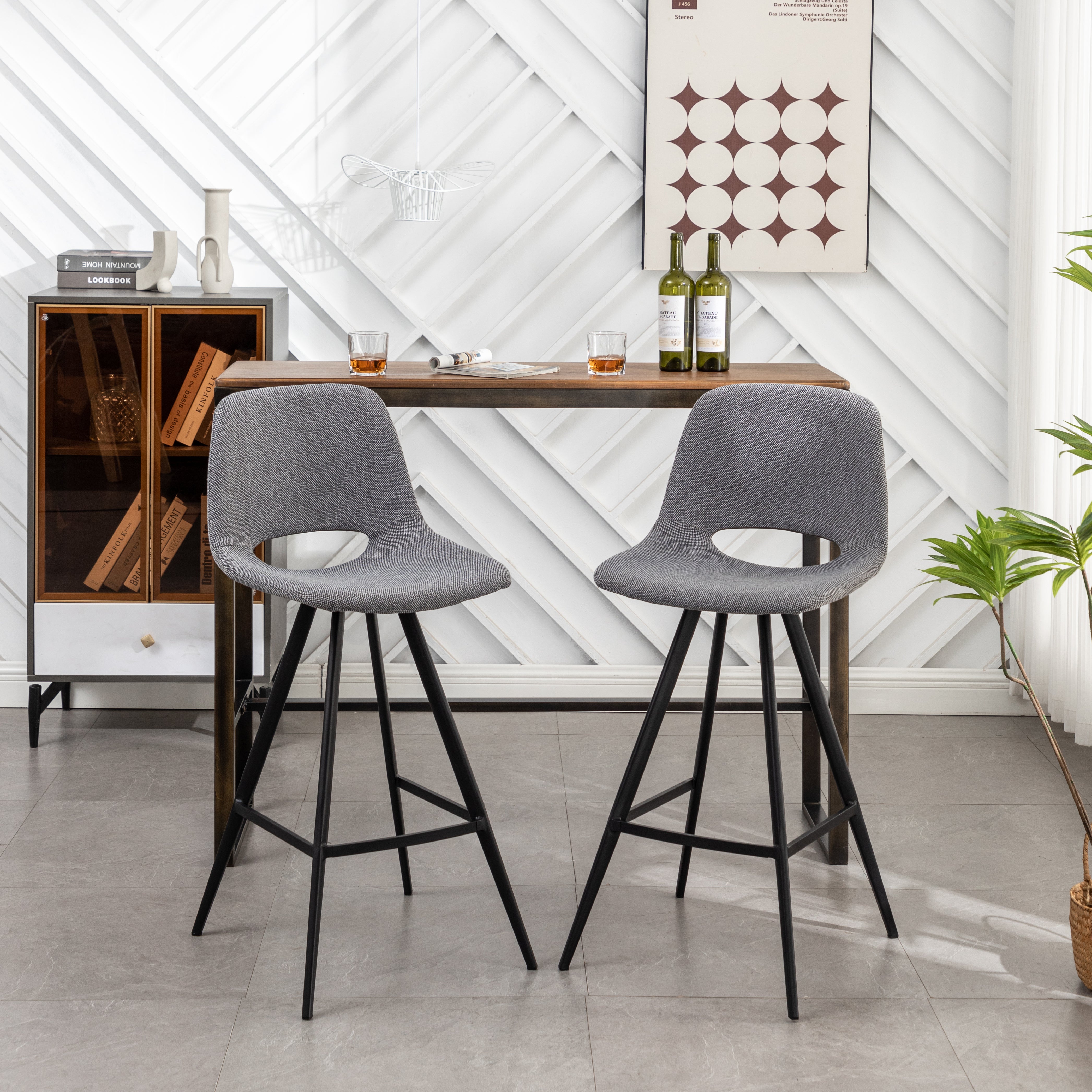 Roundhill Furniture Porth Fabric Kitchen Barstools Set of 2 - 28.25 Inch Height, Gray Upholstered Counter Stools for Kitchen Island, Breakfast Nook & Home Bar Seating