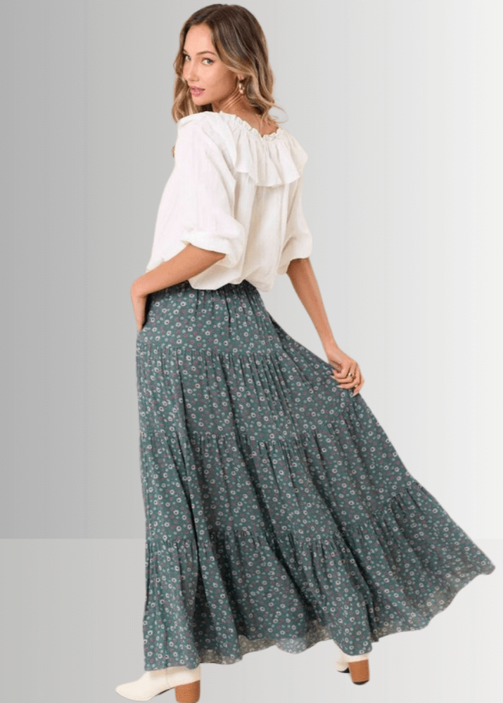 Elizabeth Agave Floral Print Tiered Maxi Skirt - Boho Summer Beach Dress for Women, Perfect for Vacations, Music Festivals & Casual Outings