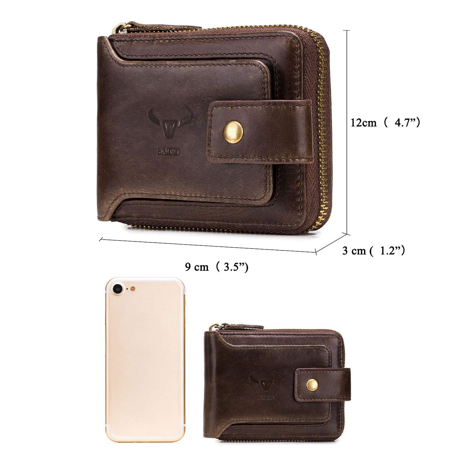 BAIGIO RFID Blocking Men's Leather Wallet with Zipper Closure - Slim Bifold Design for Multiple Cards & Cash - Premium Brown Leather Wallet for Everyday Use & Travel