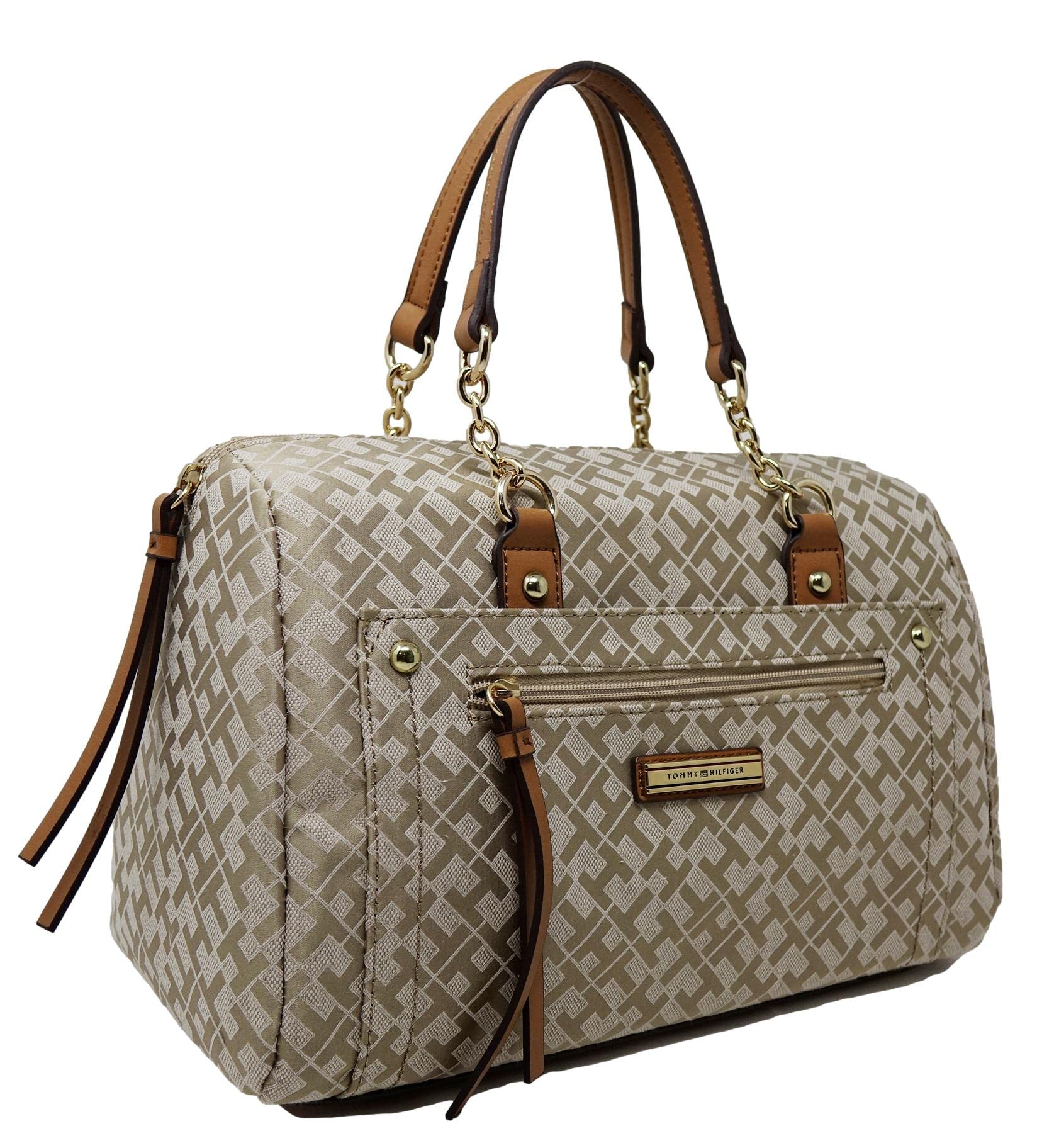 Tommy Hilfiger Women's Jacquard Logo Medium Bowler Tote Handbag Purse - Beige/Tan for Work, Travel & Everyday Use
