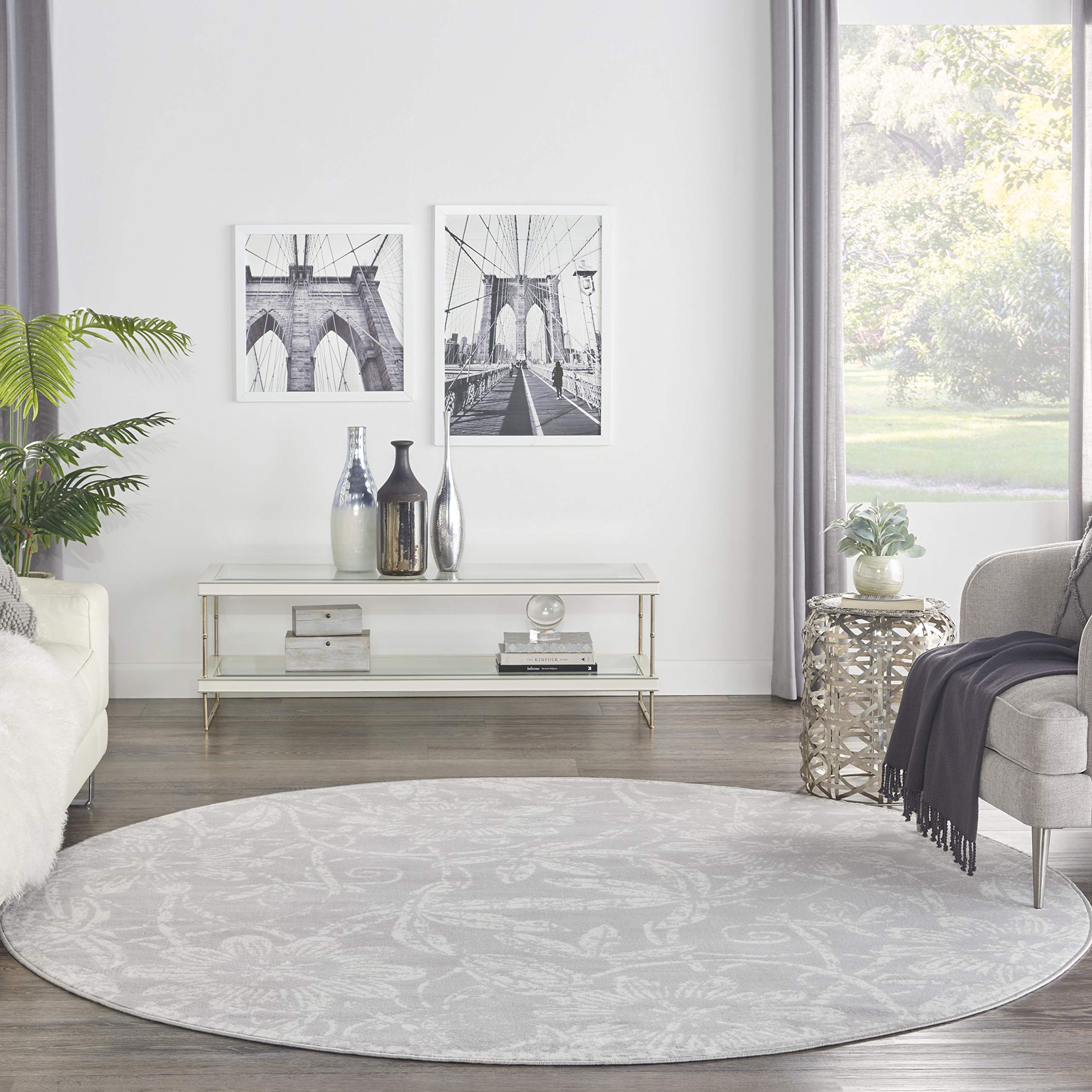 Nourison Whimsicle Floral Grey 8' Round Area Rug - Non-Shedding, Easy to Clean, Soft & Durable - Perfect for Bedroom, Living Room, Dining Room & Kitchen Decor (8ft Round)