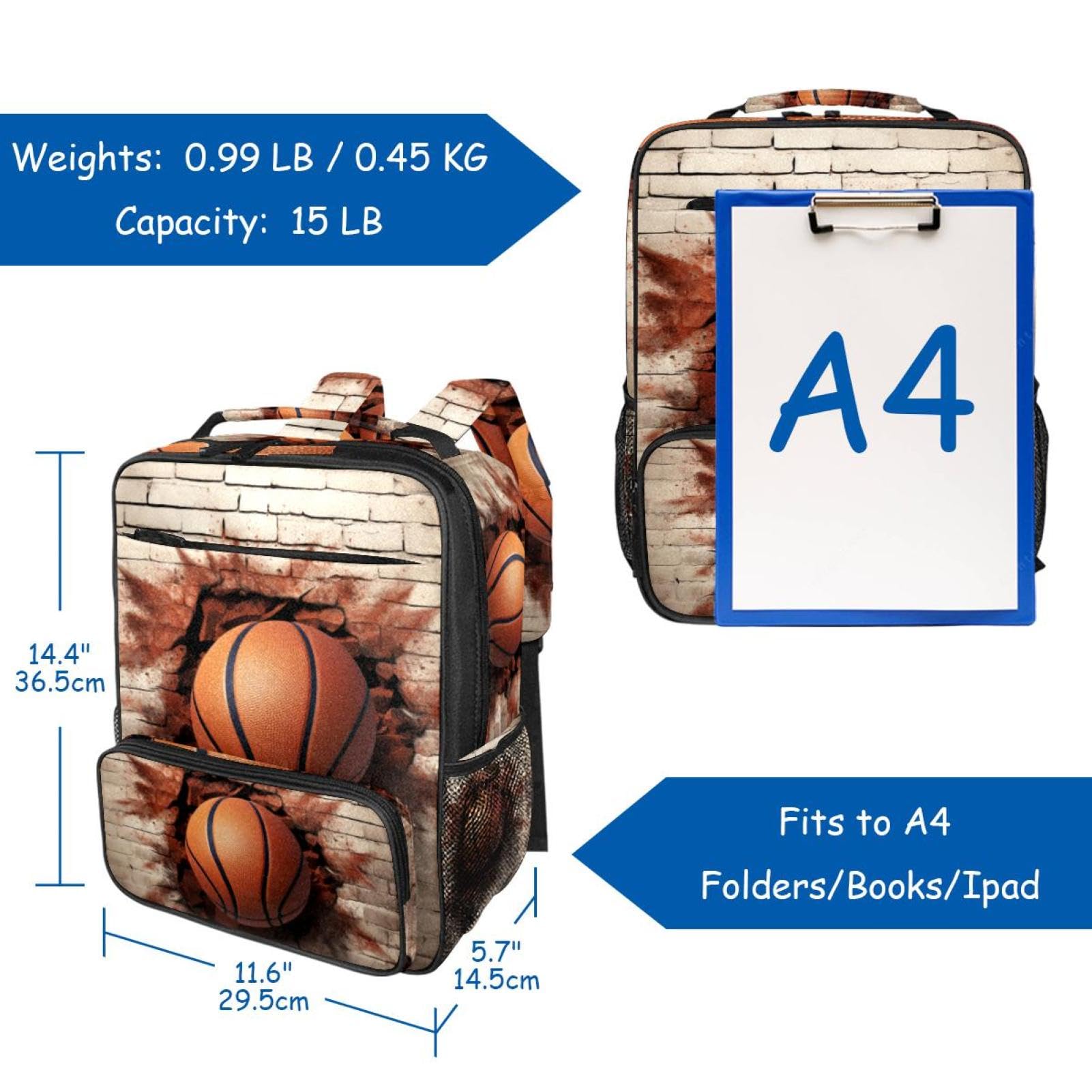 Lightweight Travel Backpack - Small Carry On Backpack with 3D Basketball Pattern Design - Perfect for School, Gym, Hiking & Airplane Travel