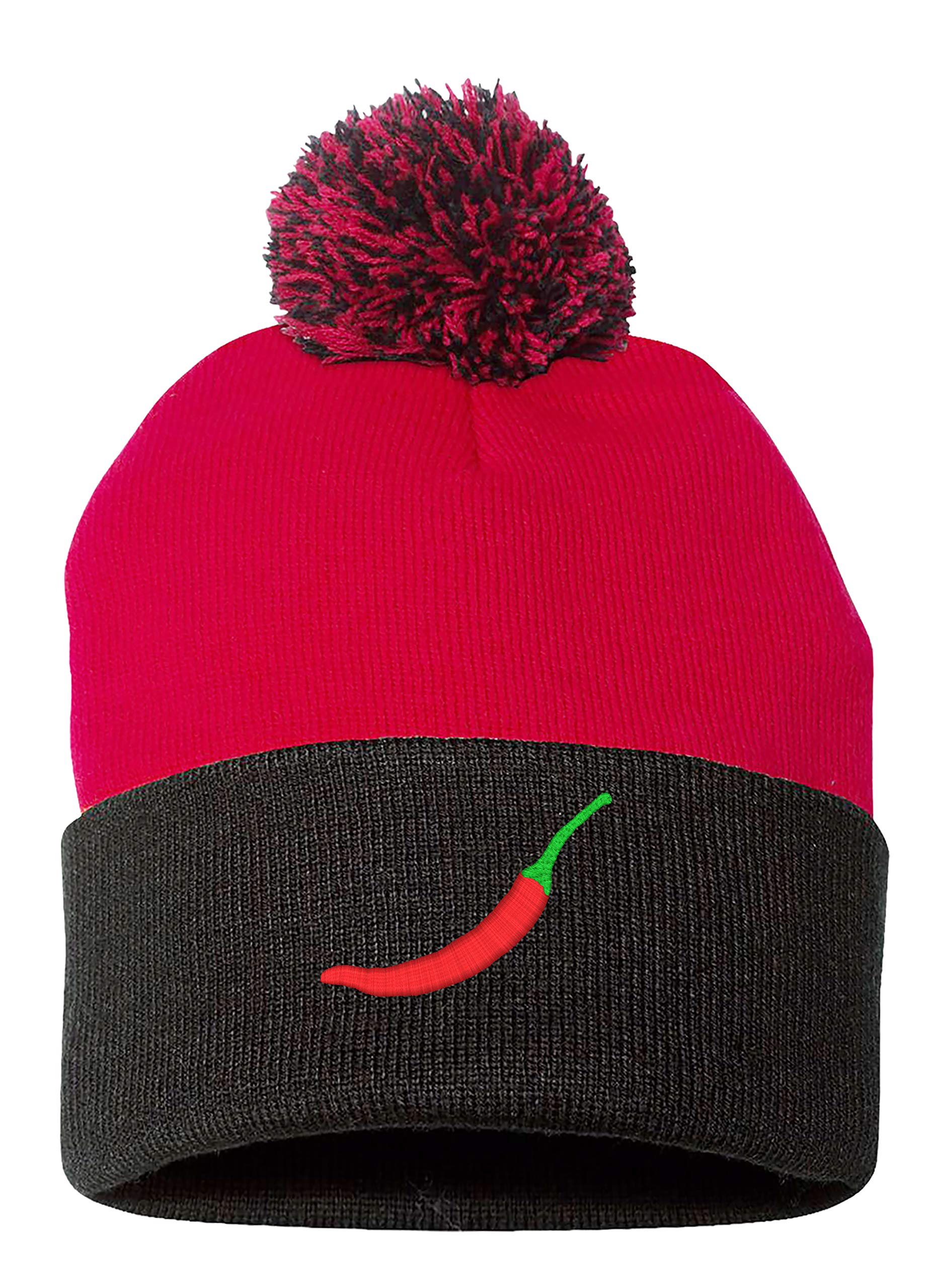Embroidered Pom Pom Red Chili Hot Pepper Beanie for Men & Women - Warm Winter Hat for Skiing, Snowboarding & Outdoor Activities
