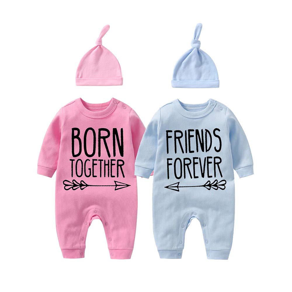 YSCULBUTOL Baby Twins Bodysuit with Matching Hat - Born Together Friends Forever Outfit for Baby Boys & Girls | Perfect for Twin Photoshoots, Matching Sibling Outfits & Special Occasions