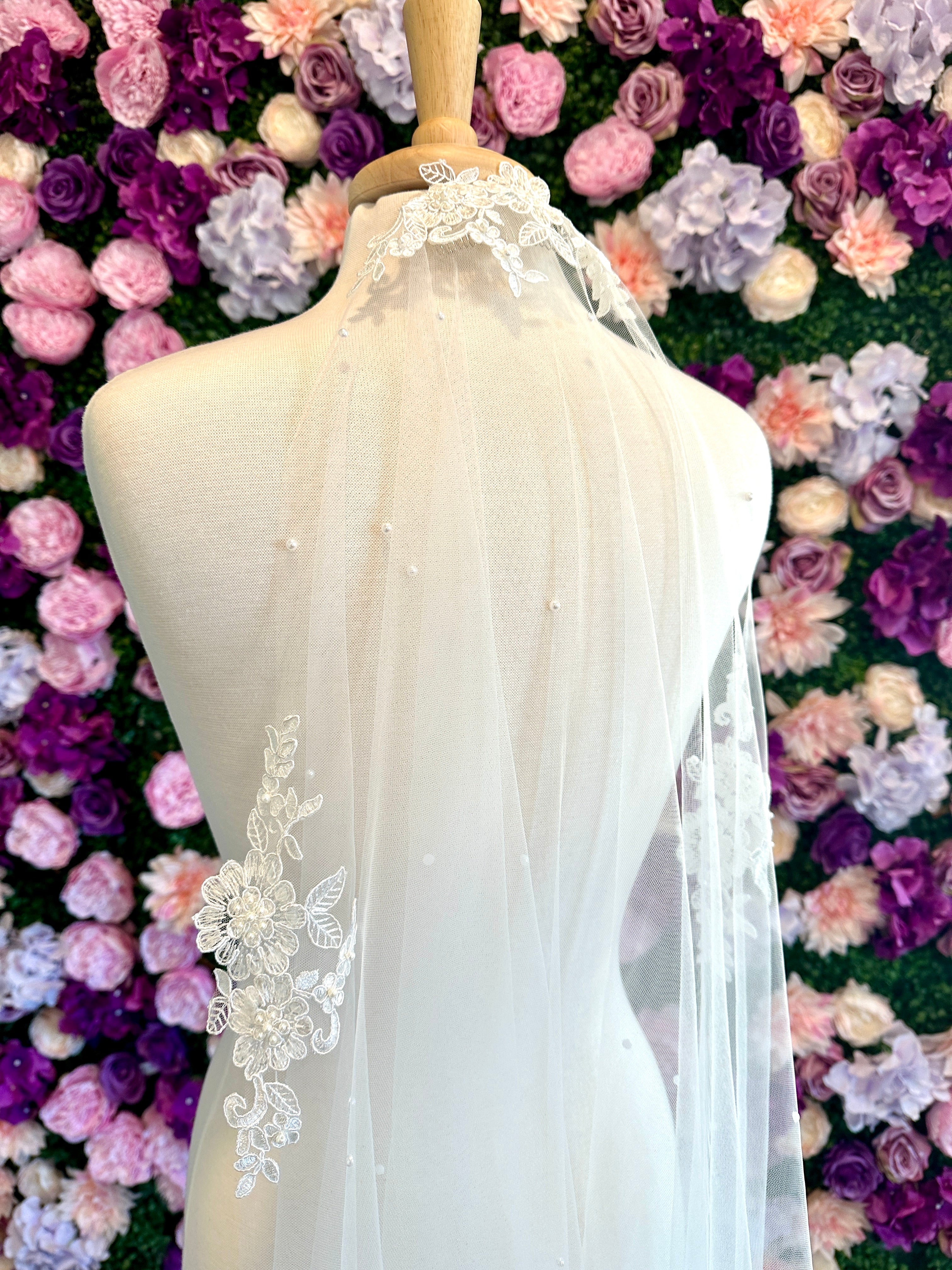 Elegant Sydney Sheer Lace Pearl Mantilla Wedding Veil - Perfect for Bridal Ceremony, Church Wedding & Formal Occasions