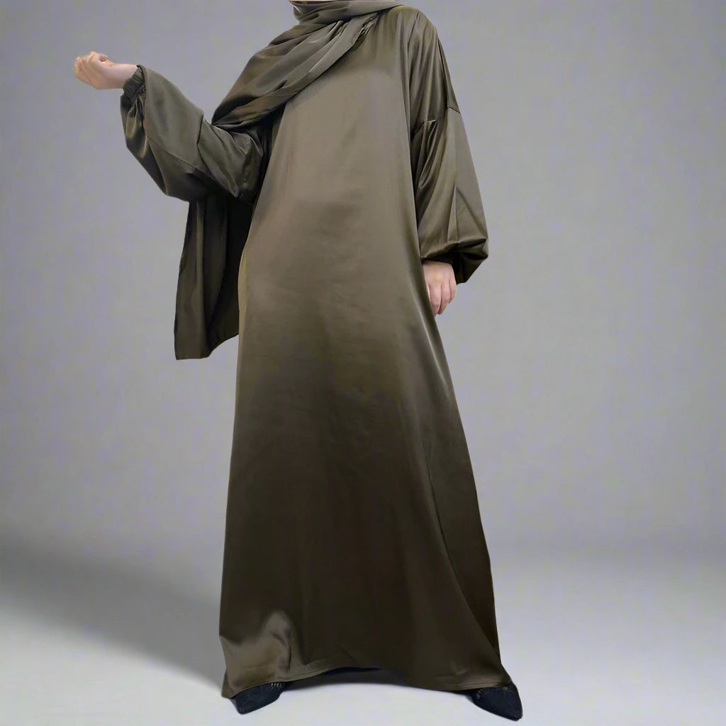 Elegant Solid Color Satin Abaya Dress with Pocket & Hijab Scarf - Perfect for Prayer, Modest Fashion, and Special Occasions